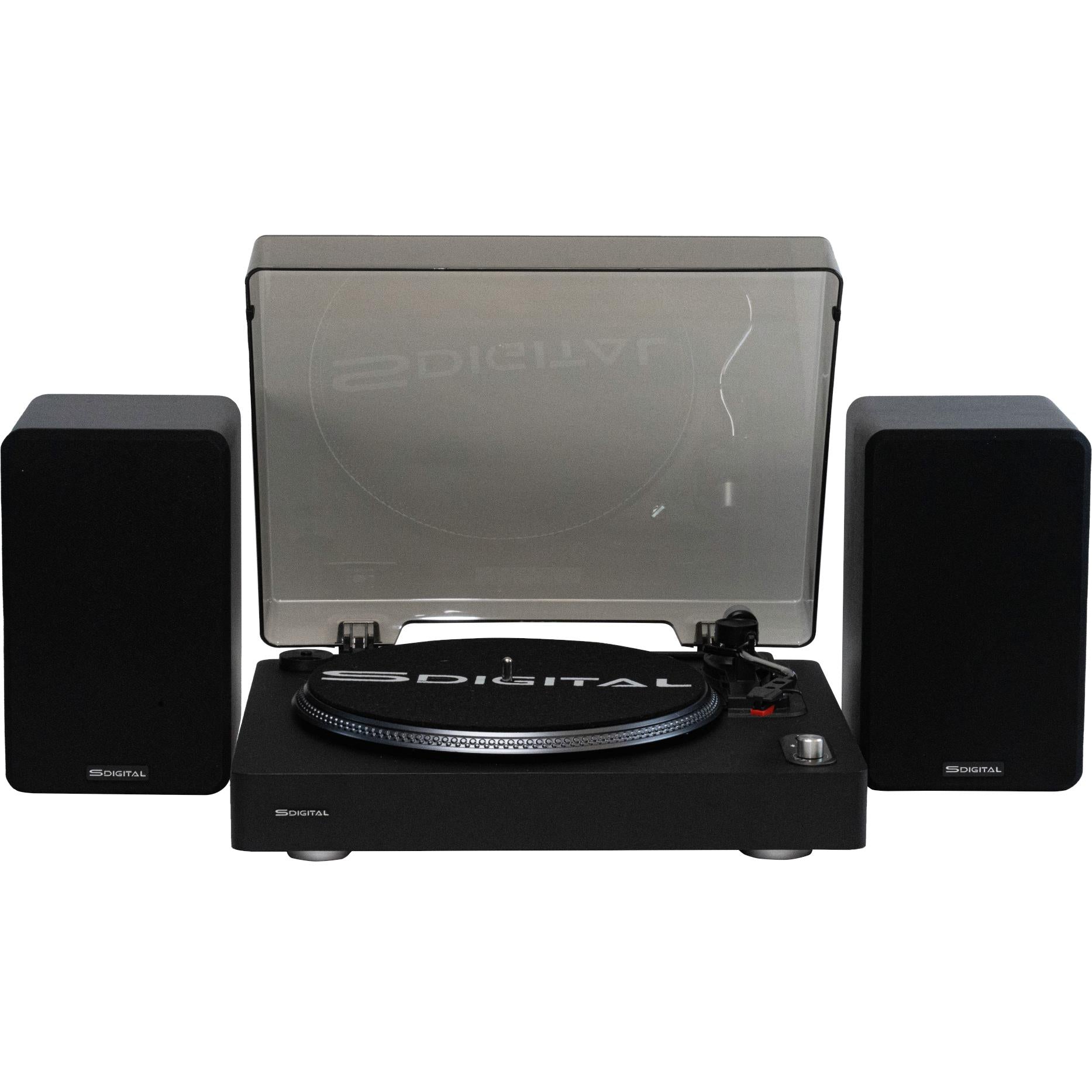 S-Digital black Bluetooth turntable with matching powered bookshelf speakers - Turntables at Tech Supply Shed NZ