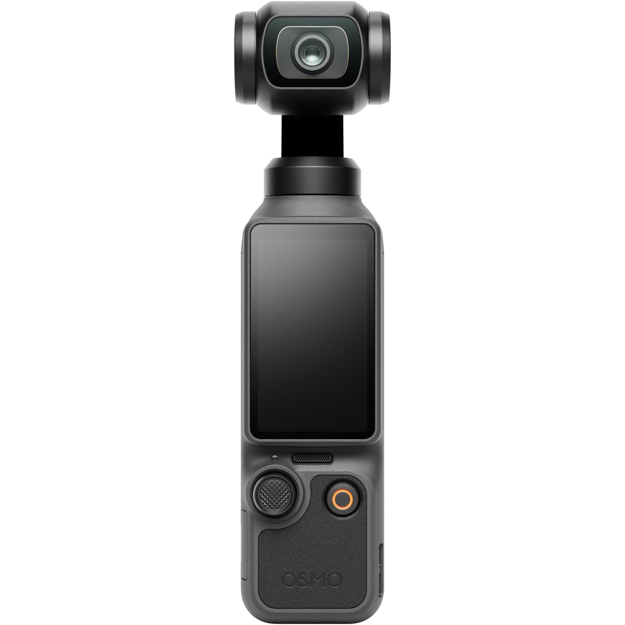 DJI gimbal camera with front screen and mounted lens, black handheld design