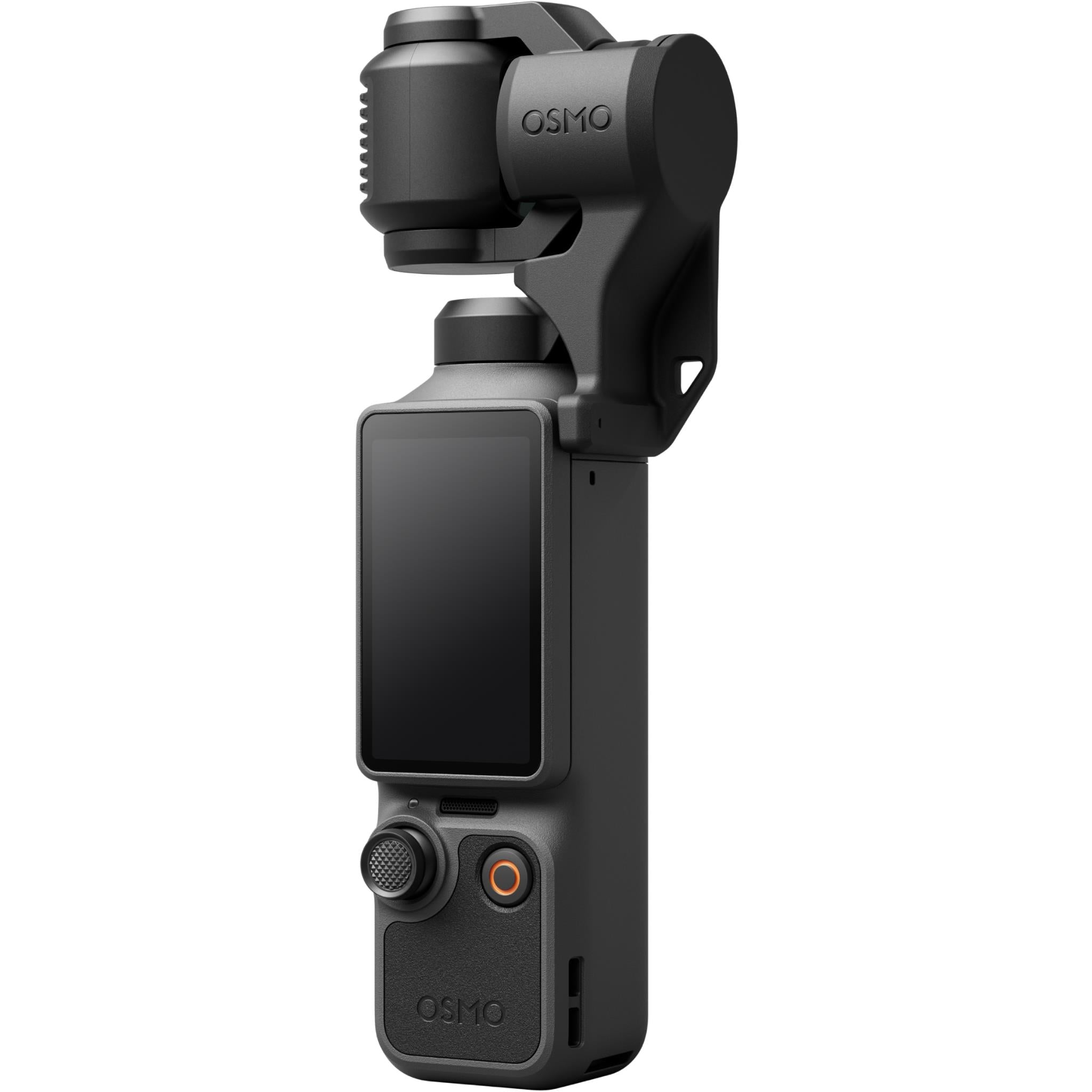 DJI gimbal camera side view with microphone grille and orange-ring dial
