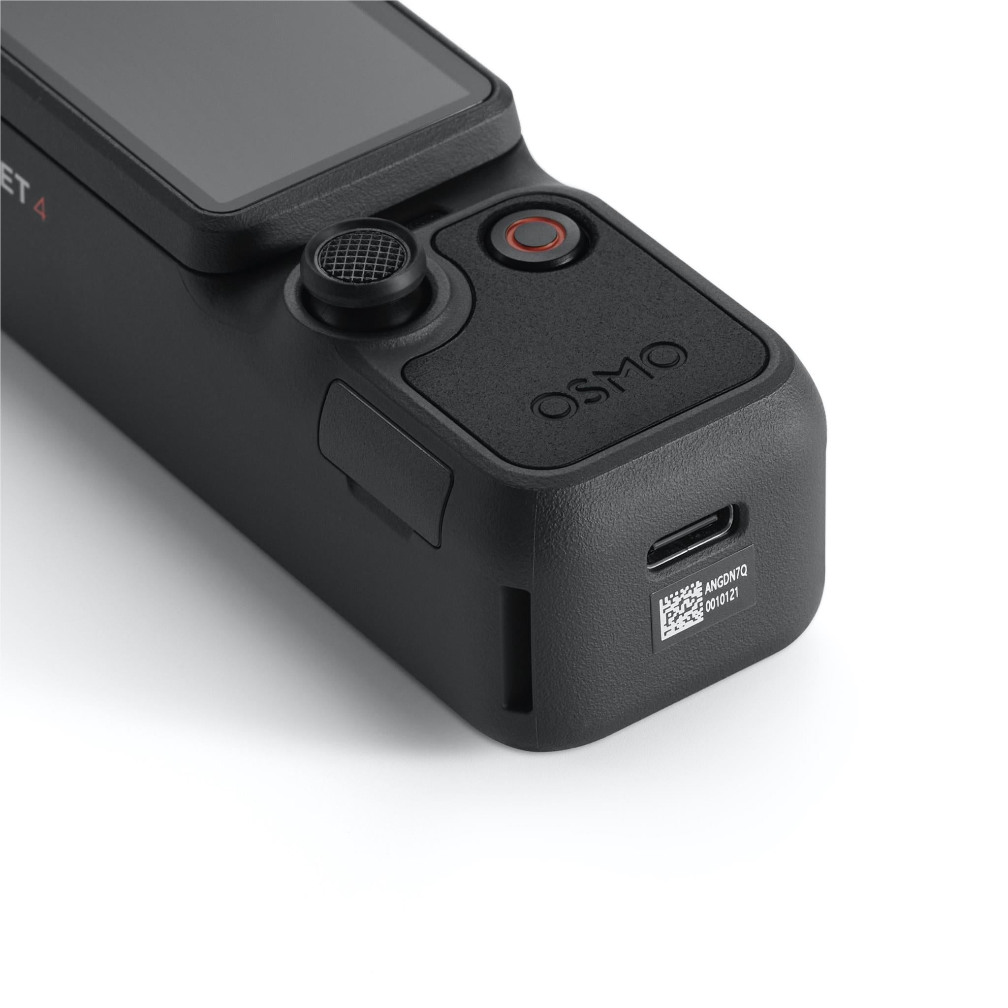 DJI gimbal camera base close-up with microphone, orange-ring dial, and port