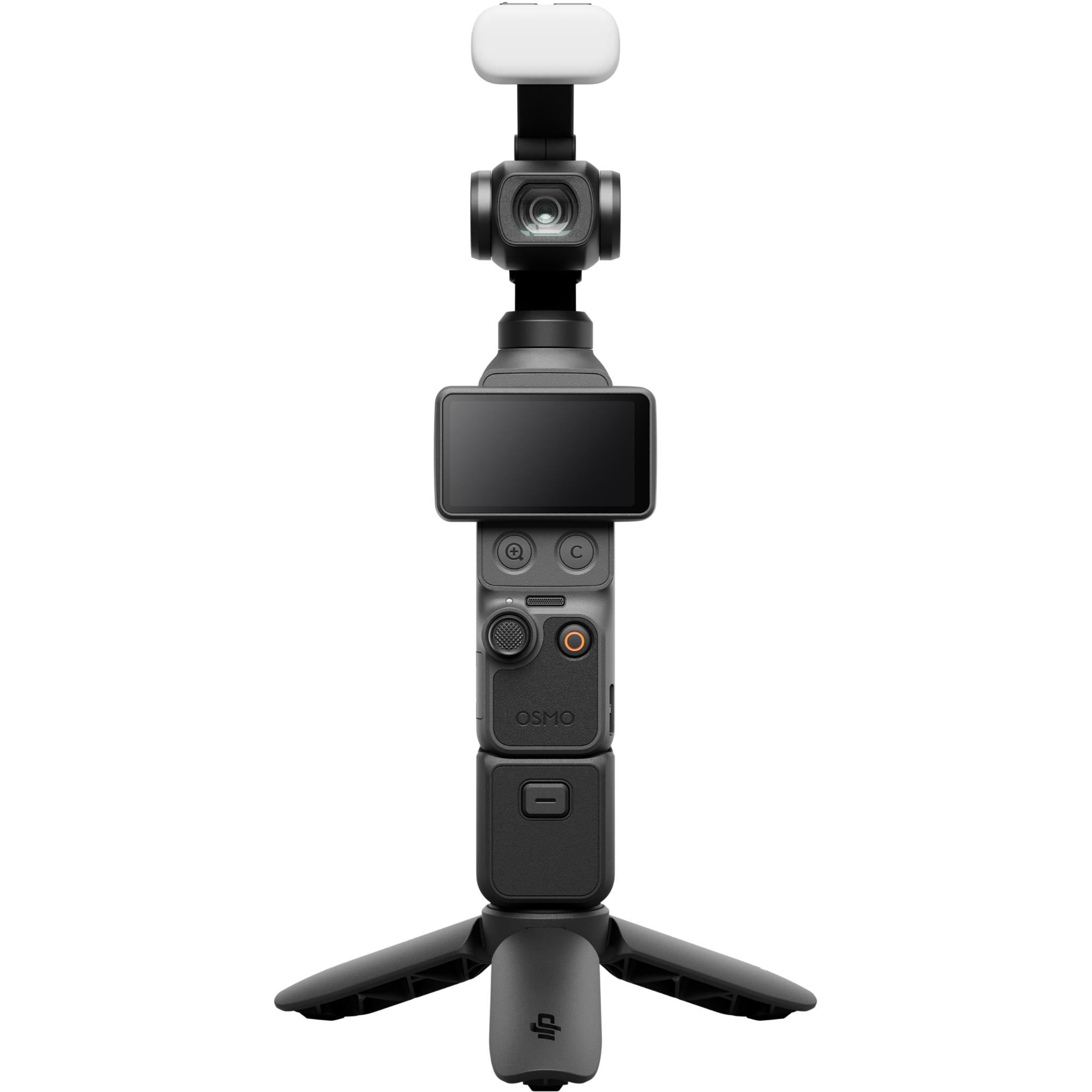 3-axis gimbal camera with front lens and small touchscreen, black