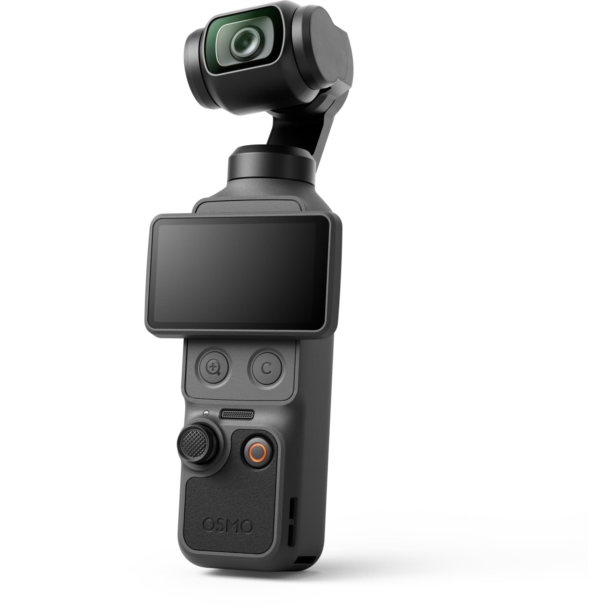 Handheld gimbal camera with front lens, black body, and flip-out LCD screen