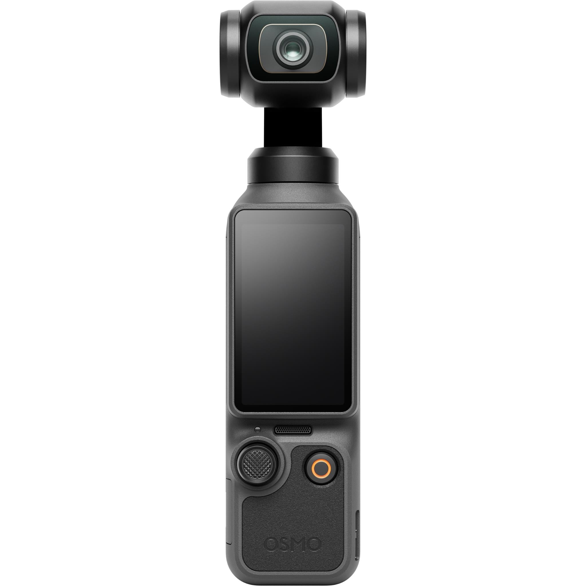 Handheld gimbal camera with front lens and LCD screen, black body with control buttons