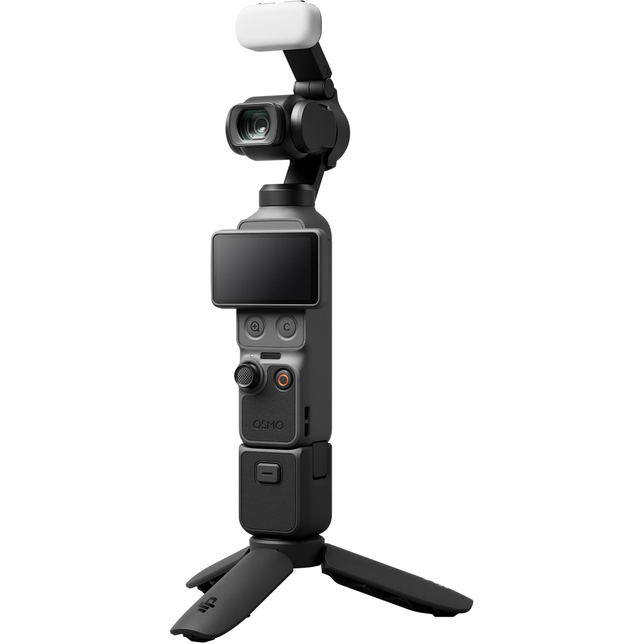 3-axis gimbal camera with extended tripod legs and front lens, black