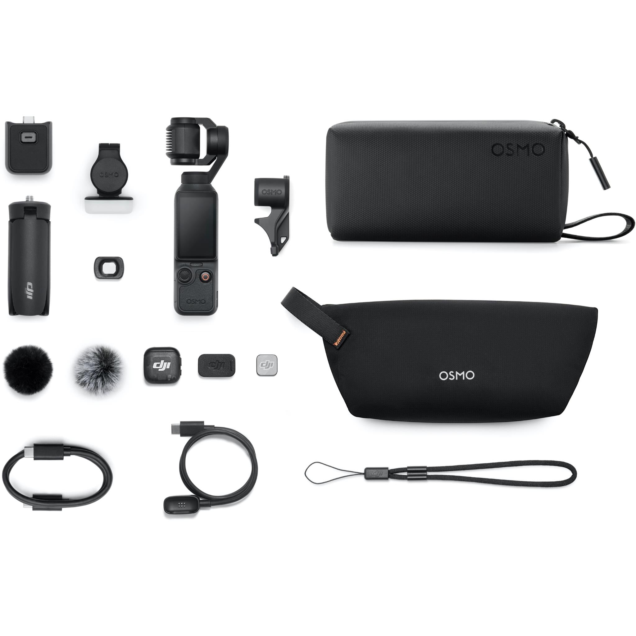 Creator combo accessories for a gimbal camera: case, mounts, cables, mic, filters