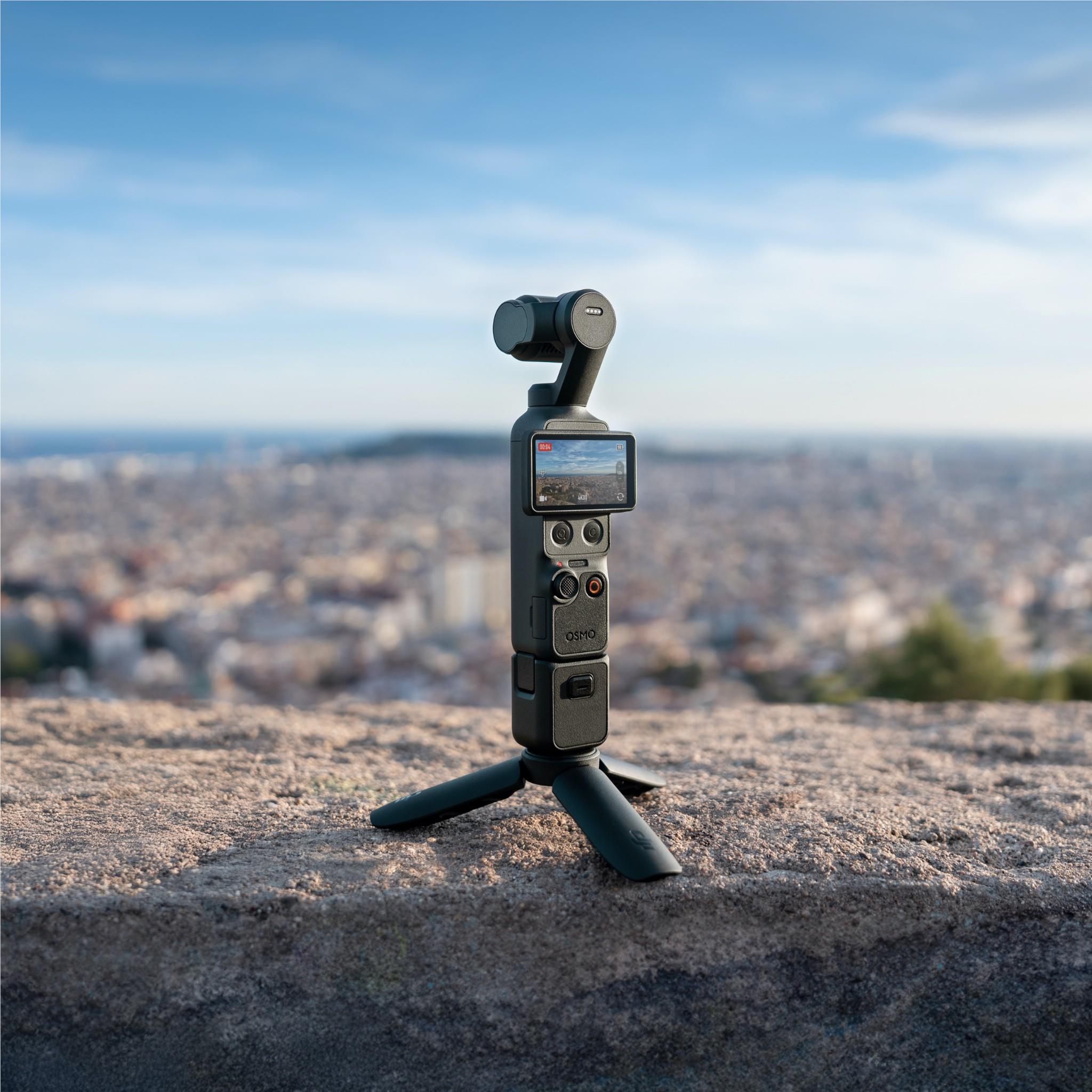 3-axis gimbal camera on mini tripod with touchscreen, black