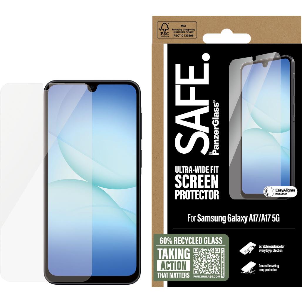 PanzerGlass SAFE ultra-wide fit screen protector with box and alignment accessory