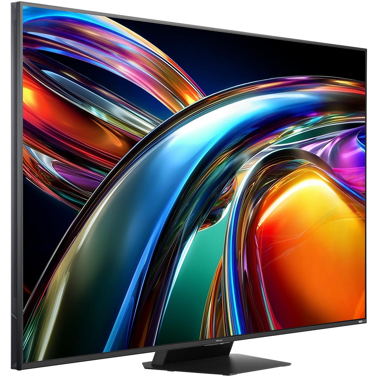 Hisense RGB miniLED smart TV front view with slim bezel and stand, colorful screen