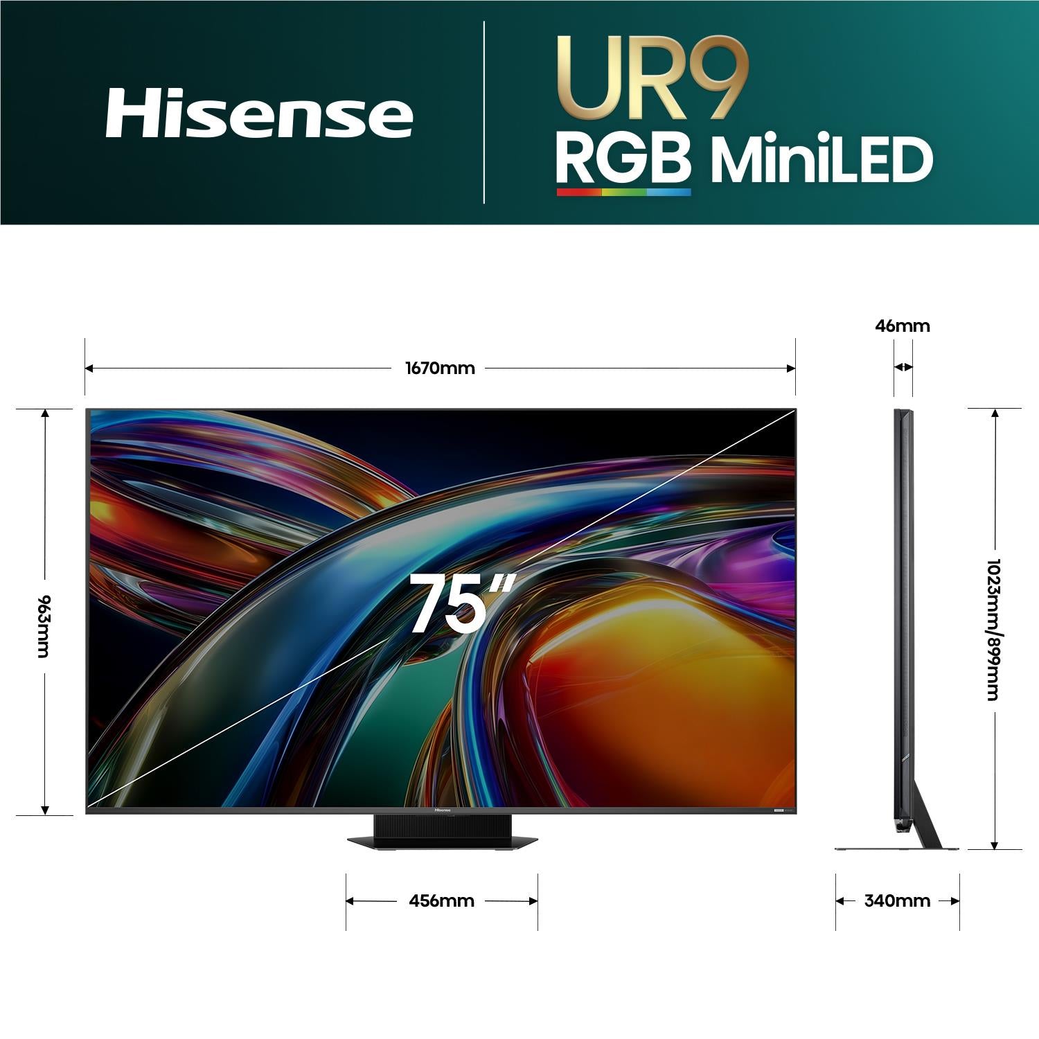 Hisense RGB miniLED TV size diagram with front and side dimensions for 75-inch model