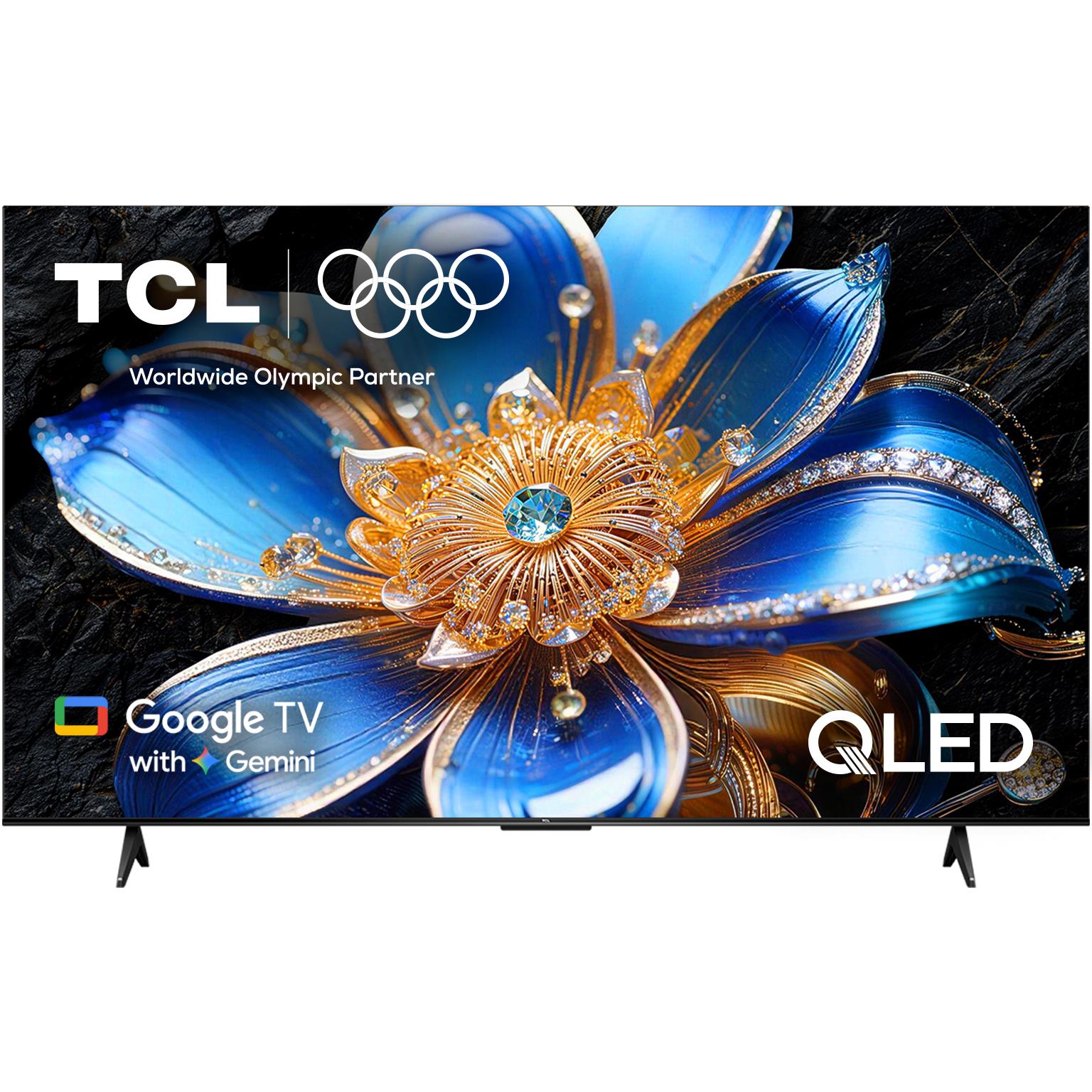 Front view 65-inch QLED 4K TV with blue-gold flower screen and TCL branding