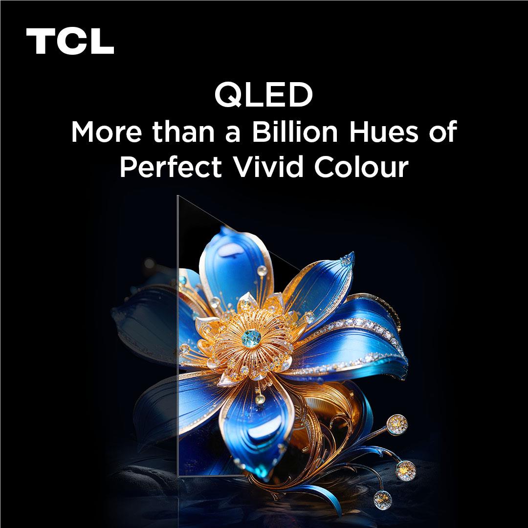 65-inch QLED 4K TV display with blue-gold flower and QLED color graphic