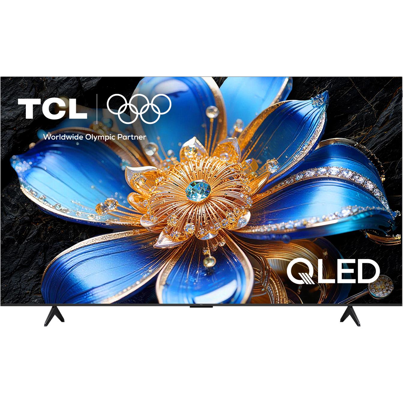 QLED 4K TV front view with blue flower artwork and dual stand feet