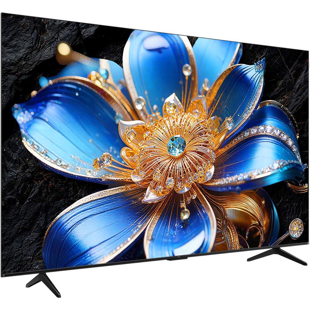 QLED 4K TV angled front view displaying blue flower QLED image
