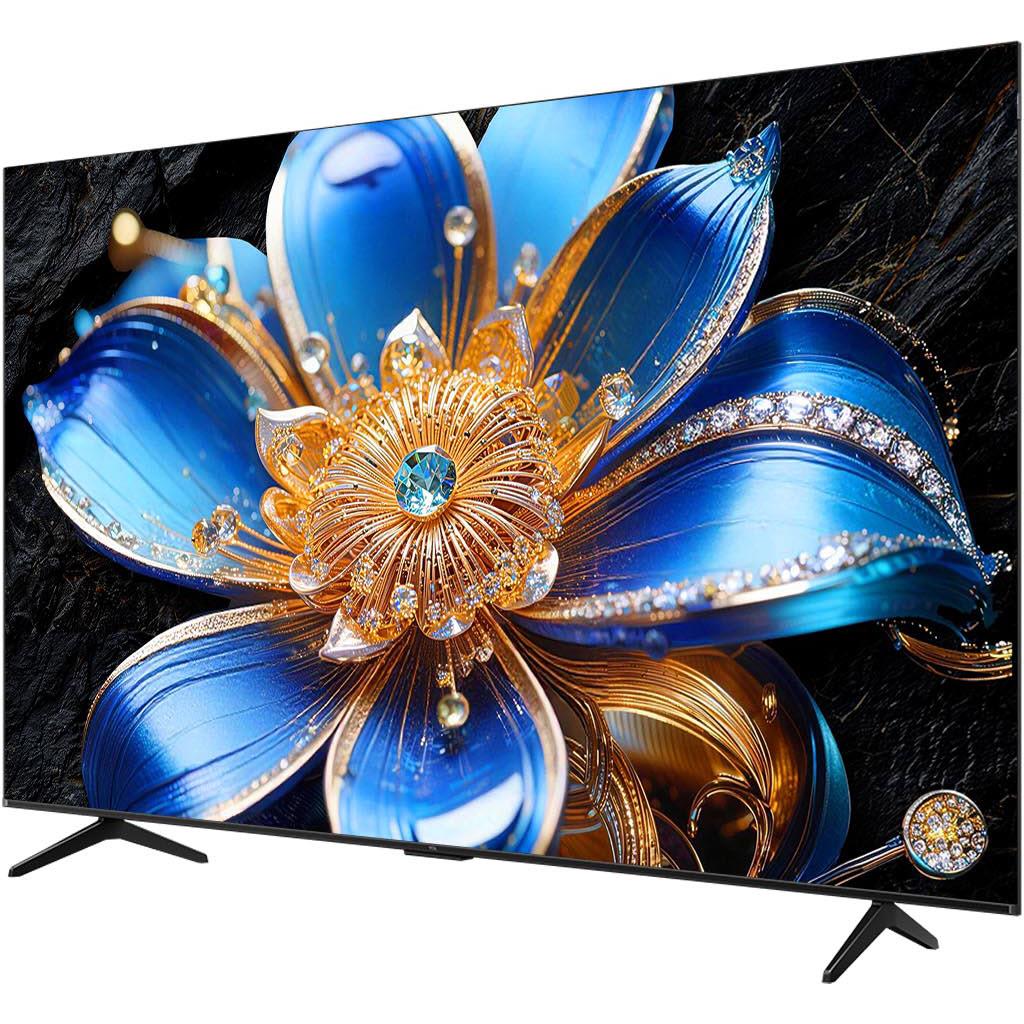 QLED 4K TV front view with blue flower artwork and slim black legs