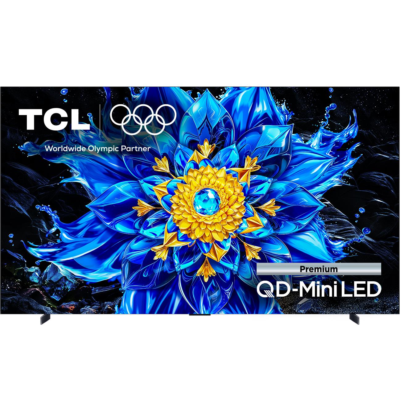98-inch TCL QD-Mini LED 4K smart TV, front view with blue floral abstract screen