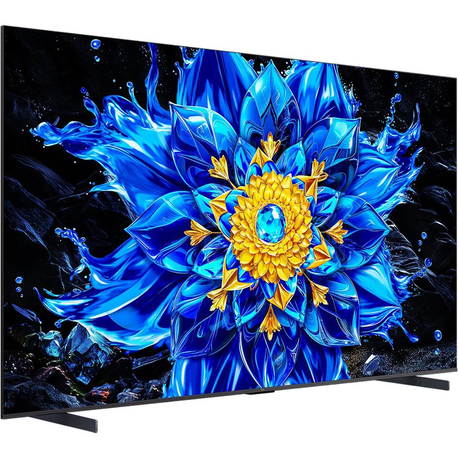98-inch TCL QD-Mini LED 4K smart TV, angled front view with blue flower display