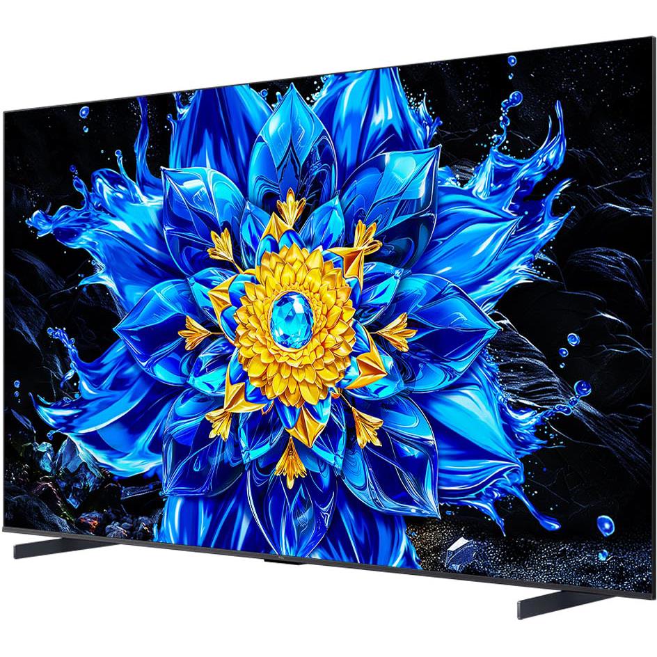 98-inch TCL QD-Mini LED 4K smart TV, straight-on view with bright blue flower screen