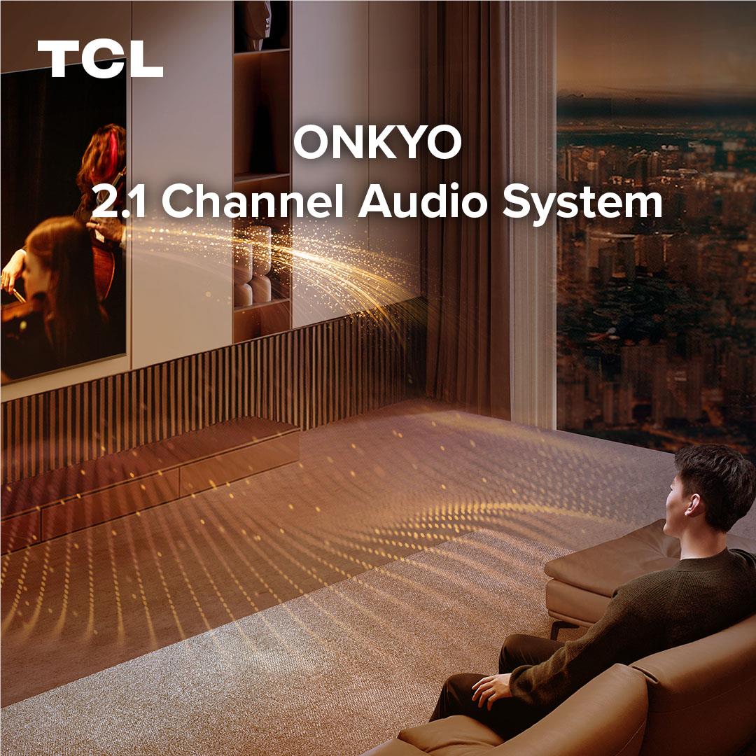 TCL QD-Mini LED 4K smart TV audio feature graphic, 2.1 channel sound rays