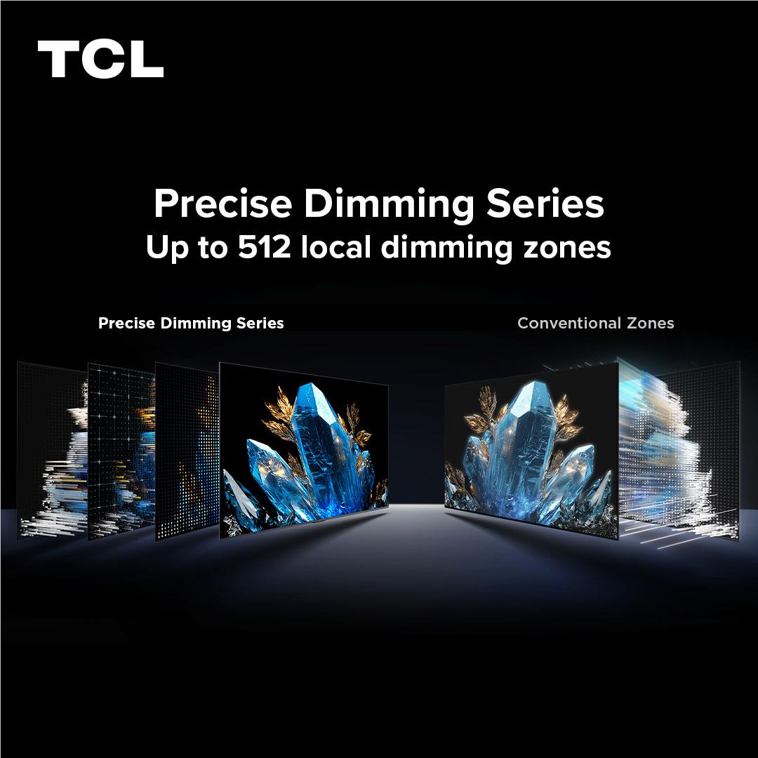 TCL QD-Mini LED 4K smart TV dimming zones graphic with blue crystal panels