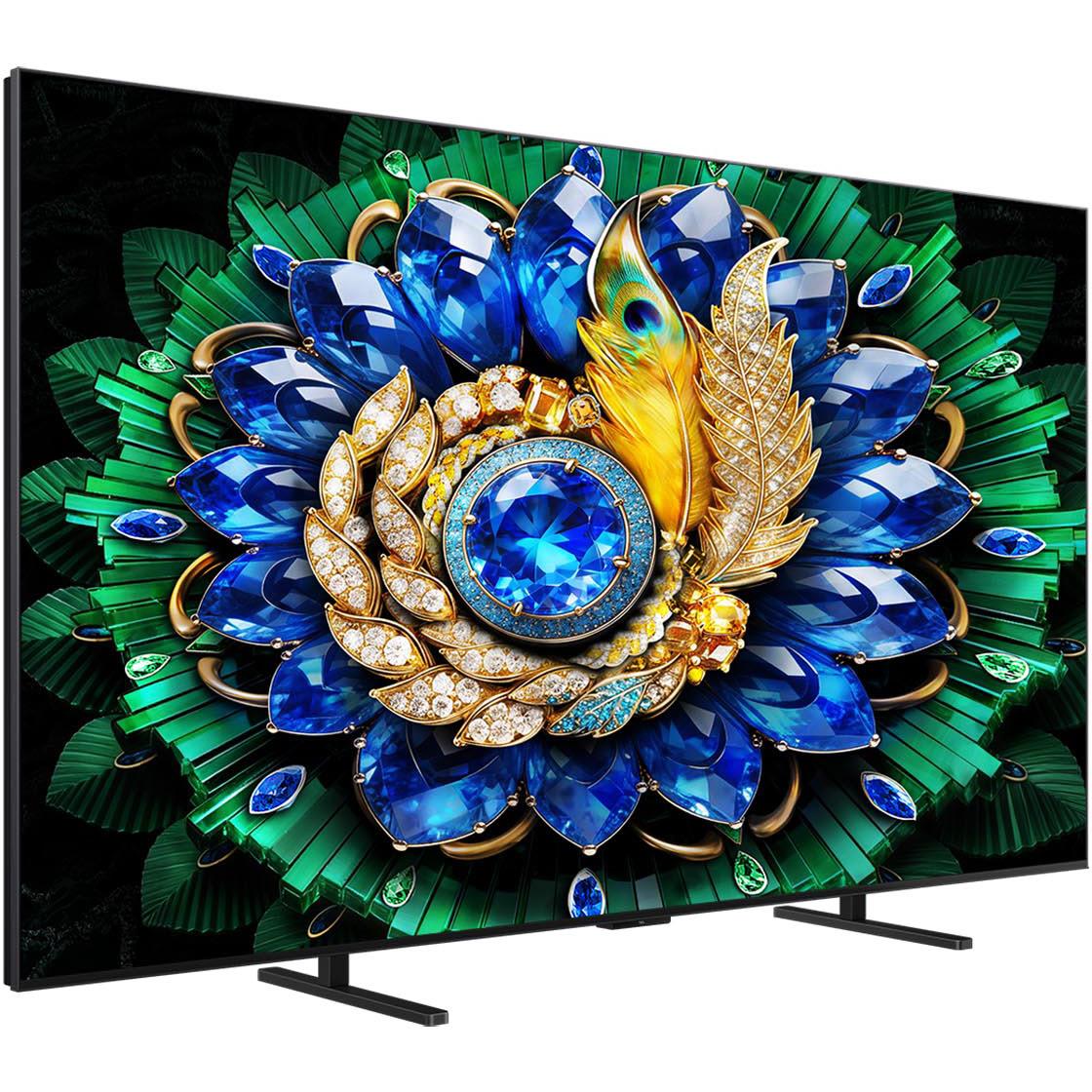 Black flat-screen smart TV on two legs, angled view; blue and green flower display