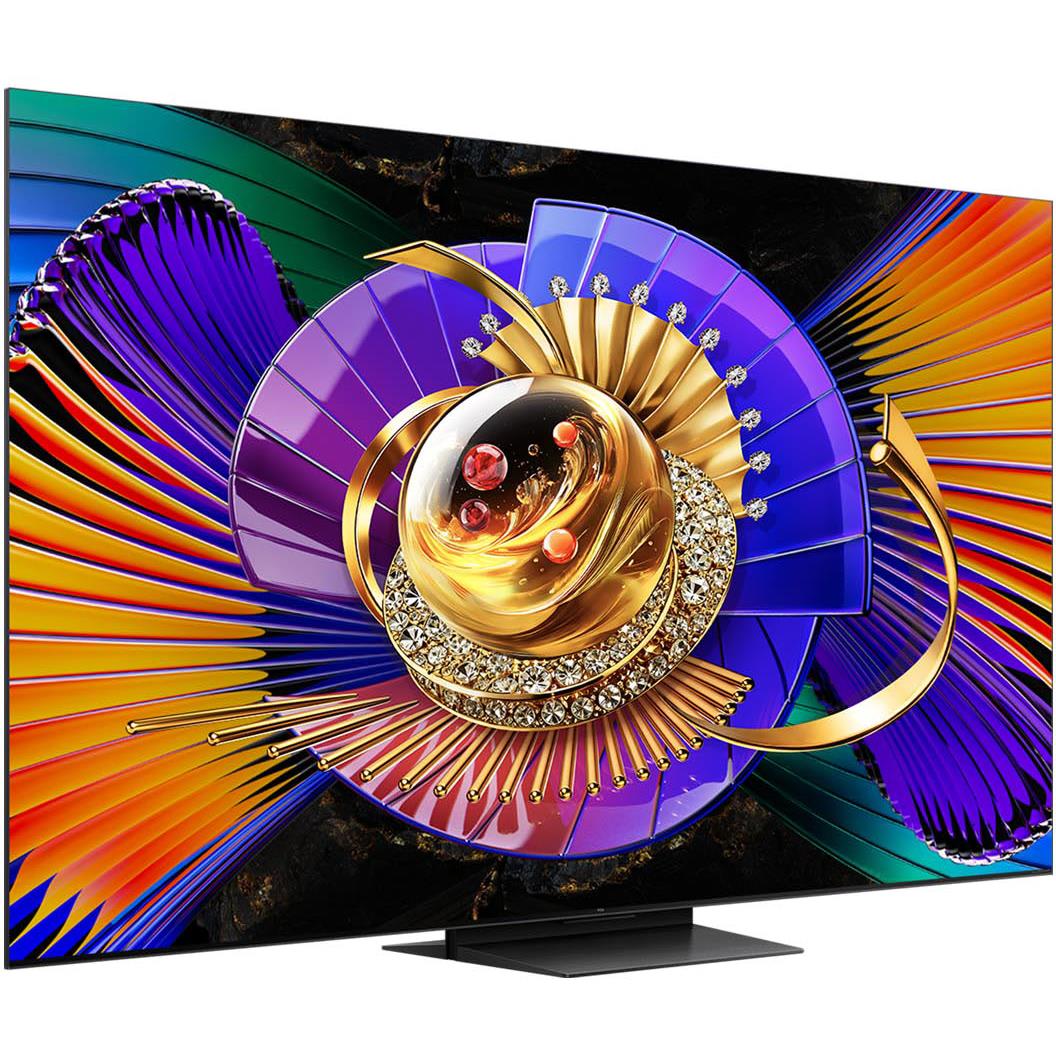 Flat-screen TV angled view with stand, showing vibrant abstract colorful display