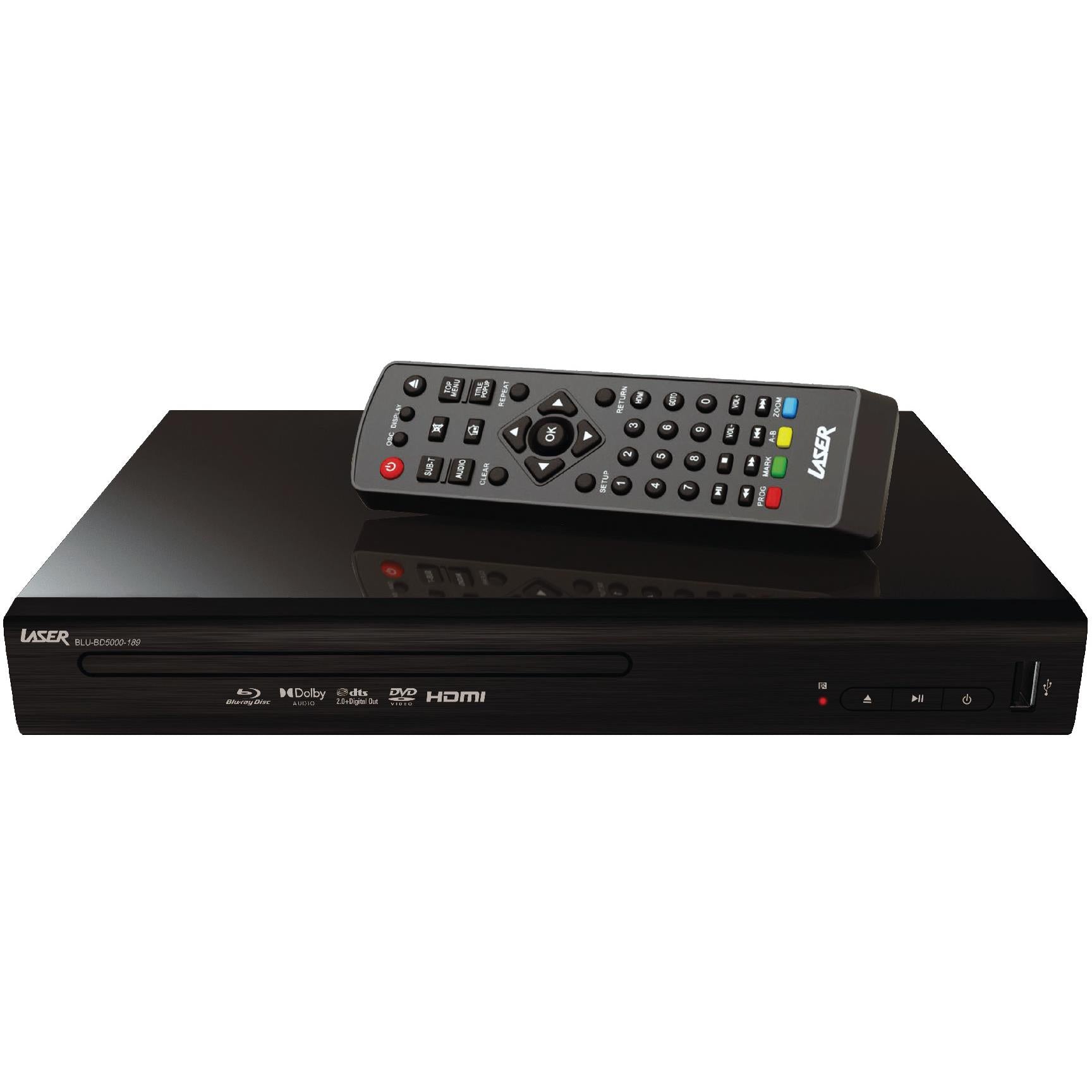 Black Blu-ray player with remote control on reflective base
