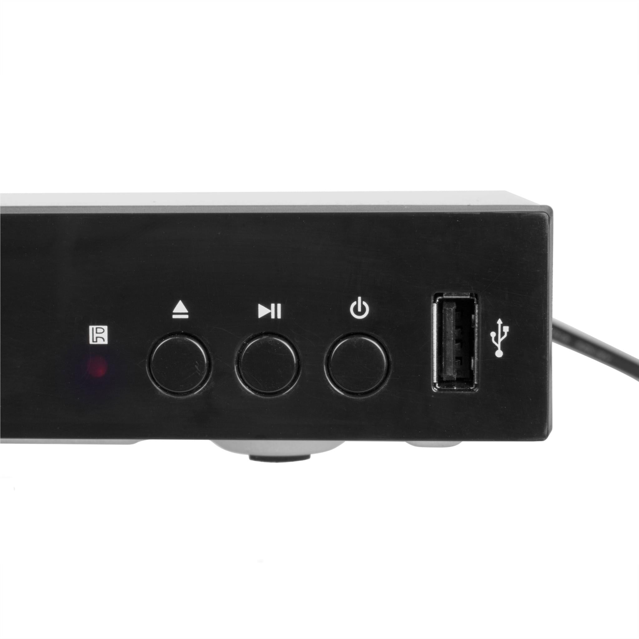 Front panel of black Blu-ray player with USB and control buttons