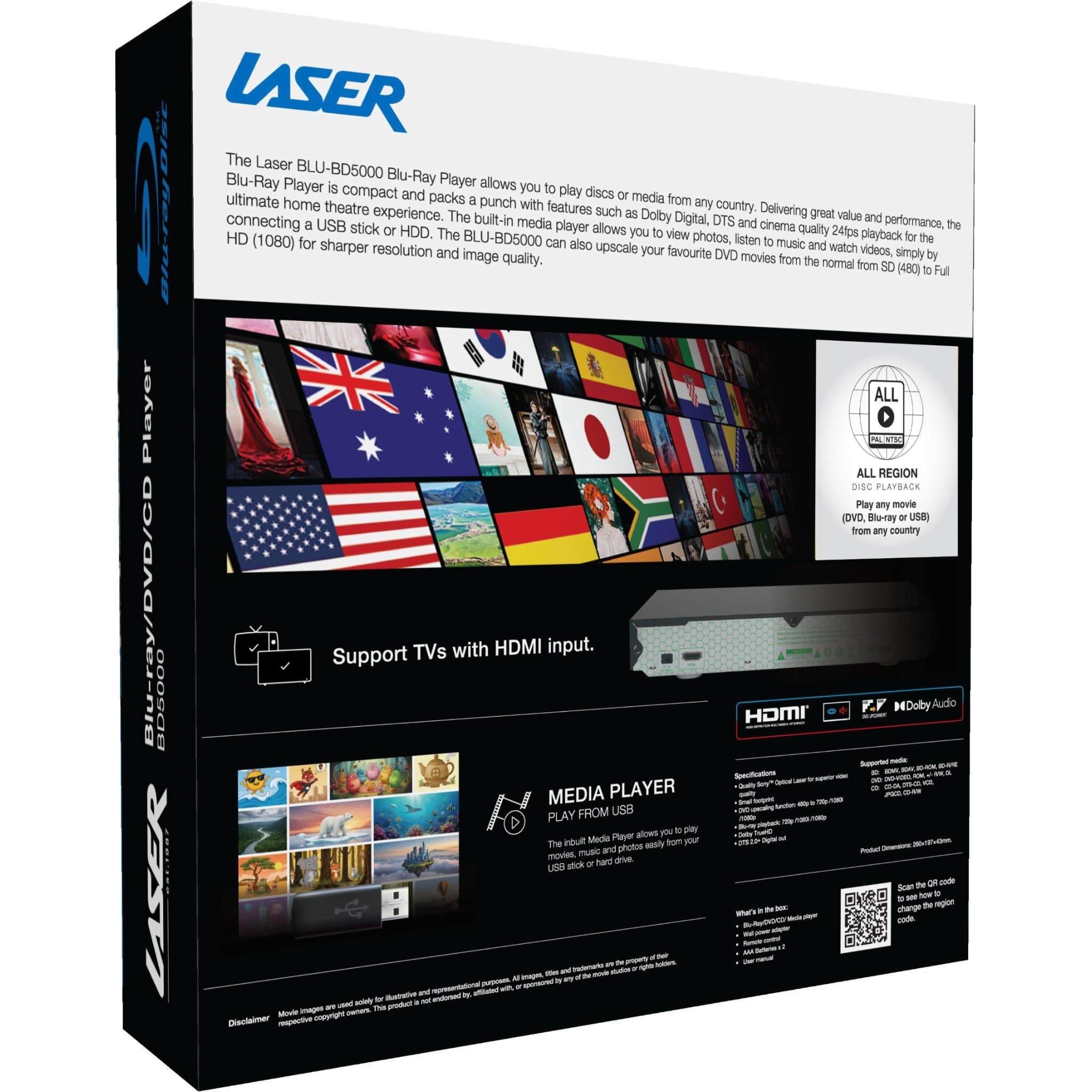 Laser BD5000 Blu-ray player retail box with HDMI and all-region badge