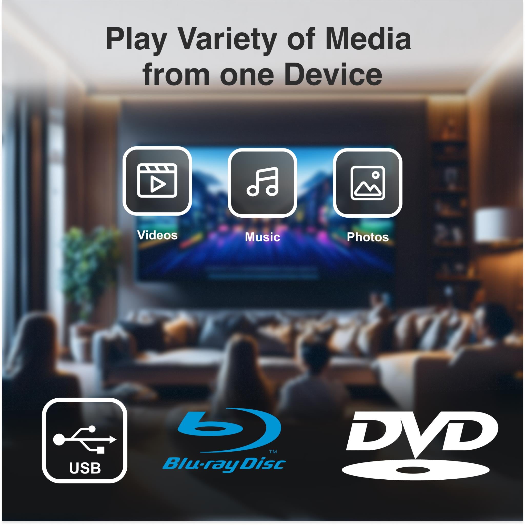 Blu-ray player playback media icons for videos, music, and photos