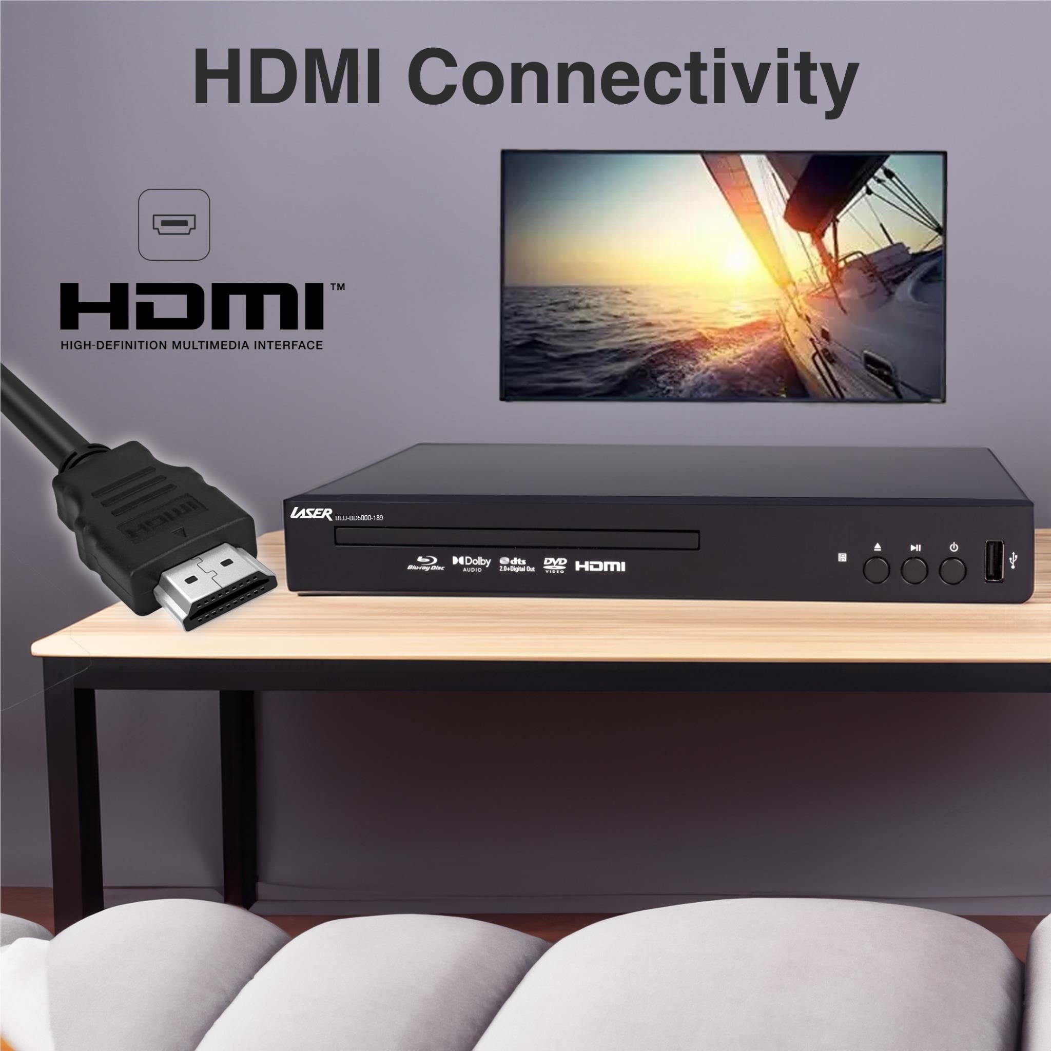 Black Blu-ray player with HDMI cable connected for HDMI connectivity