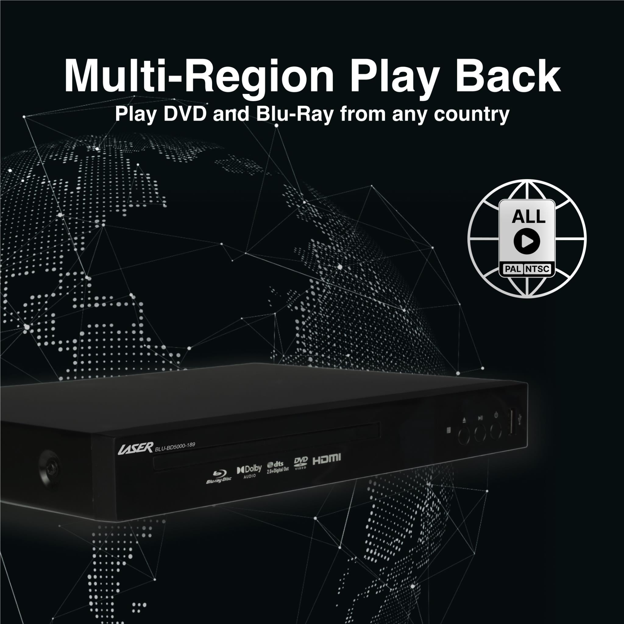 Black multi-region Blu-ray player with front controls and disc playback support