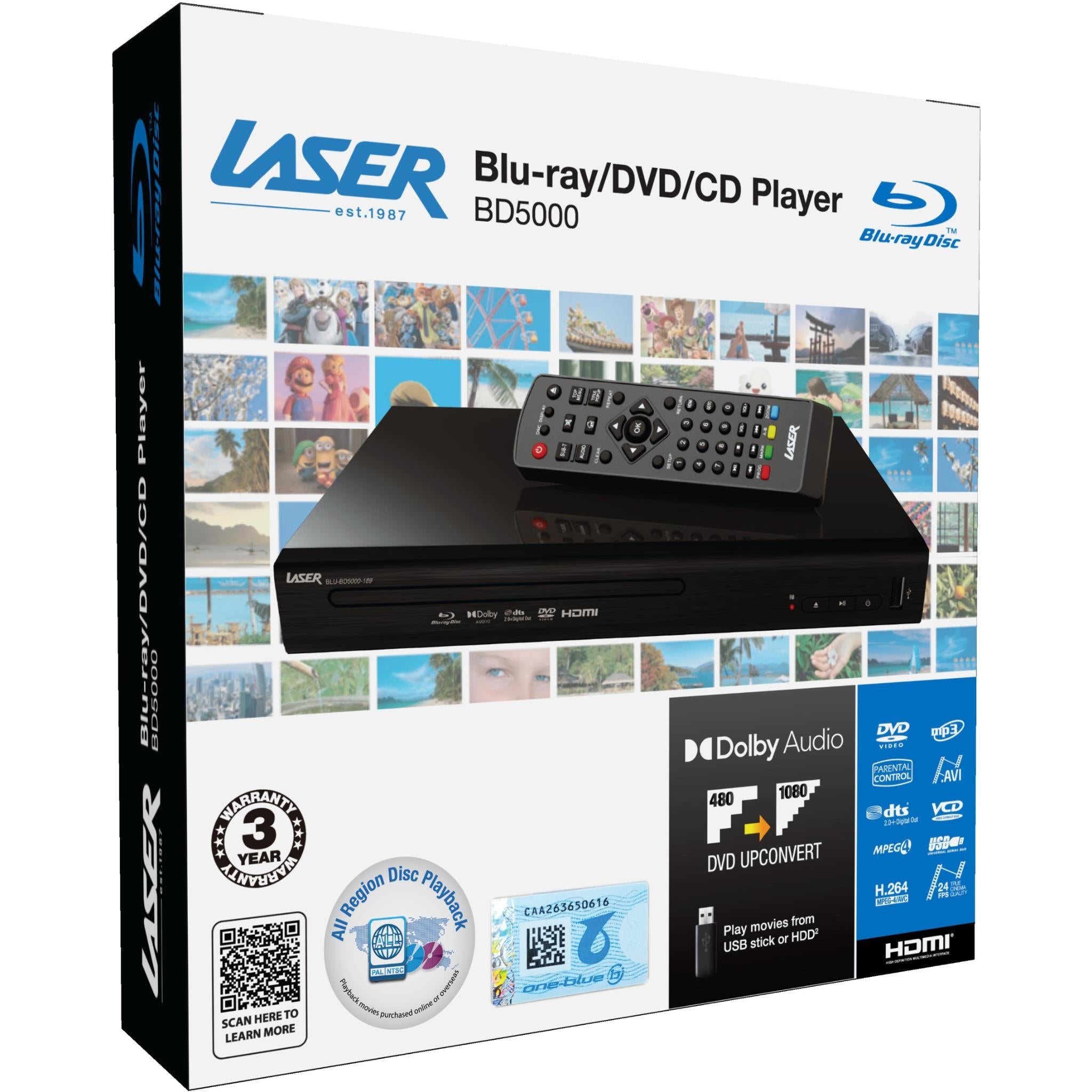 Laser Blu-ray/DVD/CD player retail box with Blu-ray player and remote