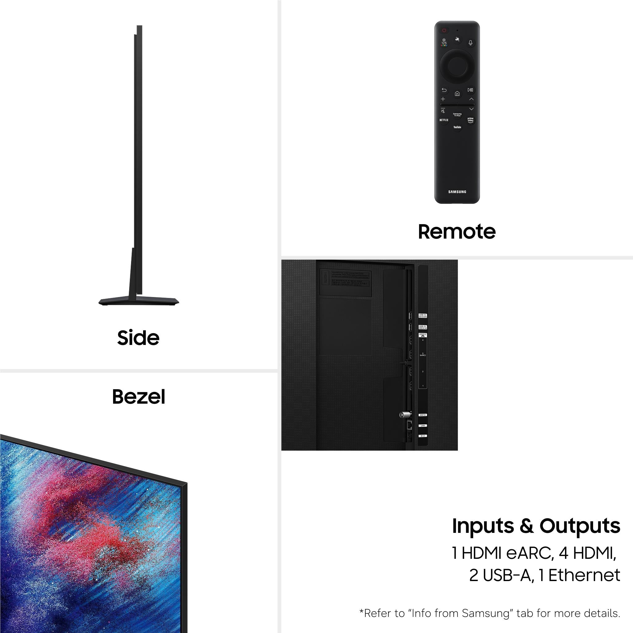 Samsung Micro RGB 4K Smart AI TV side view, bezel, remote, and port labels