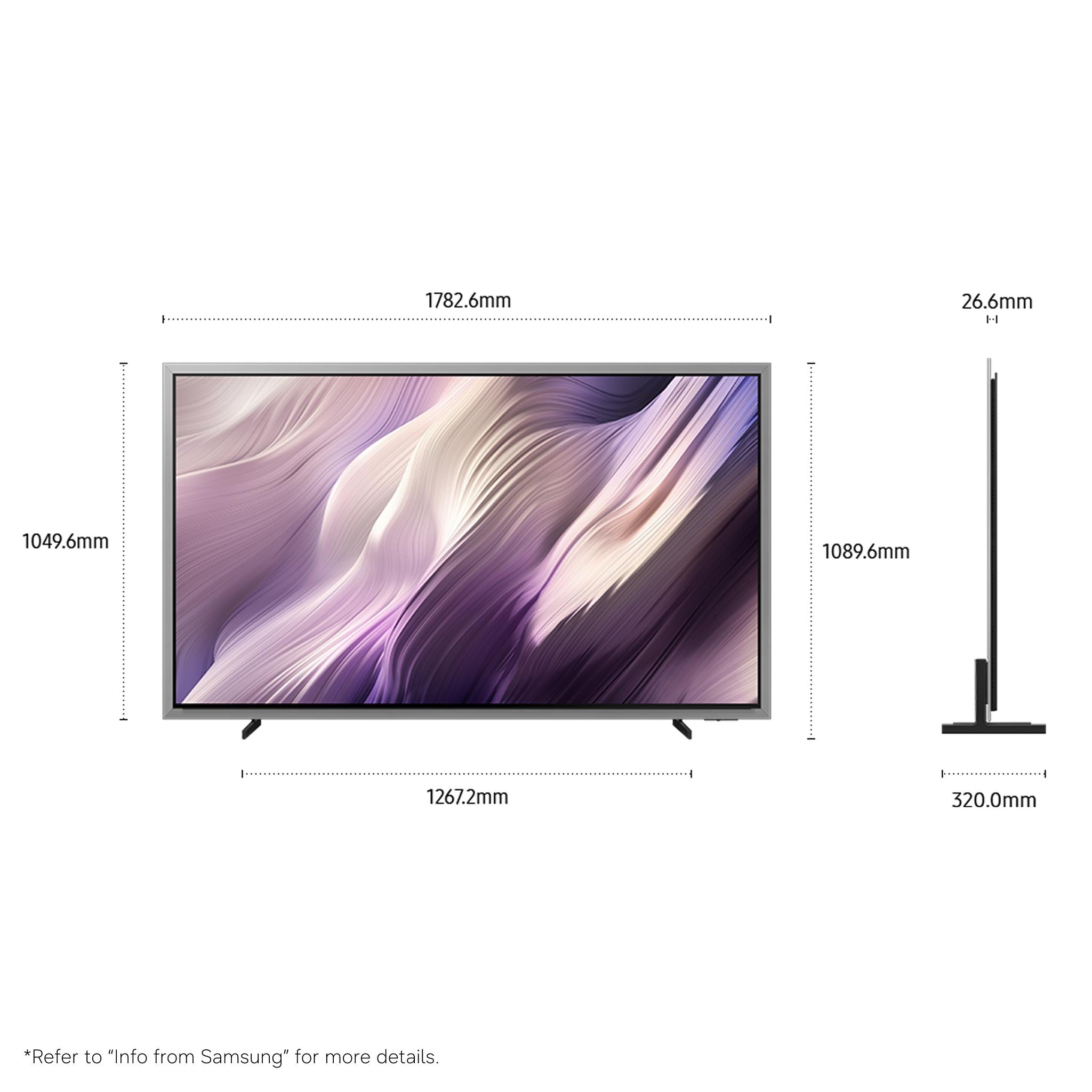 Samsung OLED smart TV with dimension diagram and slim upright stand