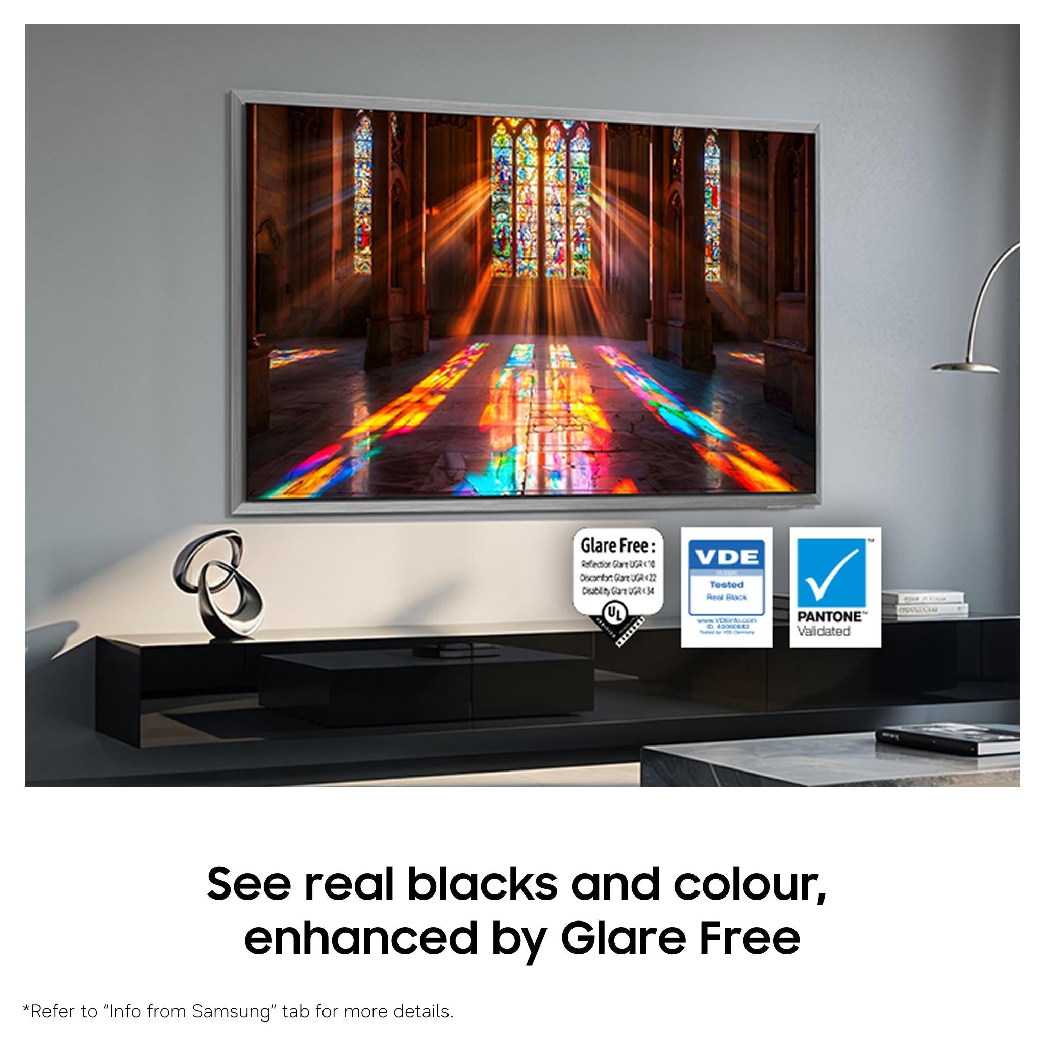 Samsung OLED smart TV showing a church scene with glare-free on-screen label
