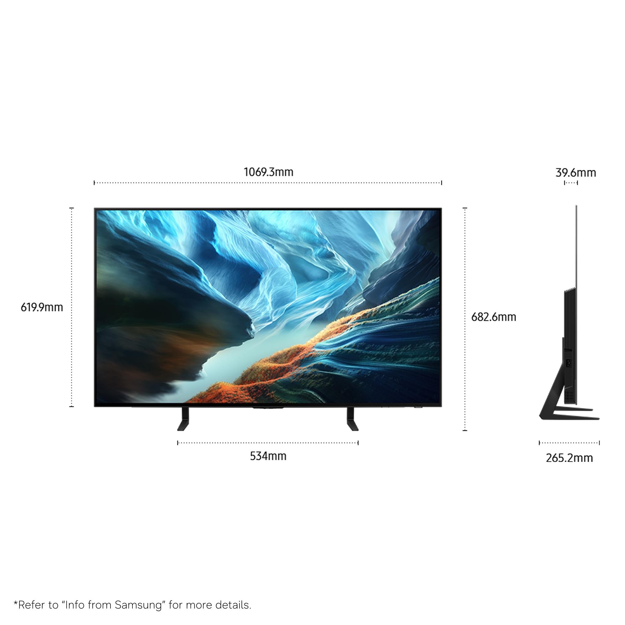 Samsung 48-inch OLED 4K Smart TV with dimension diagram and side profile