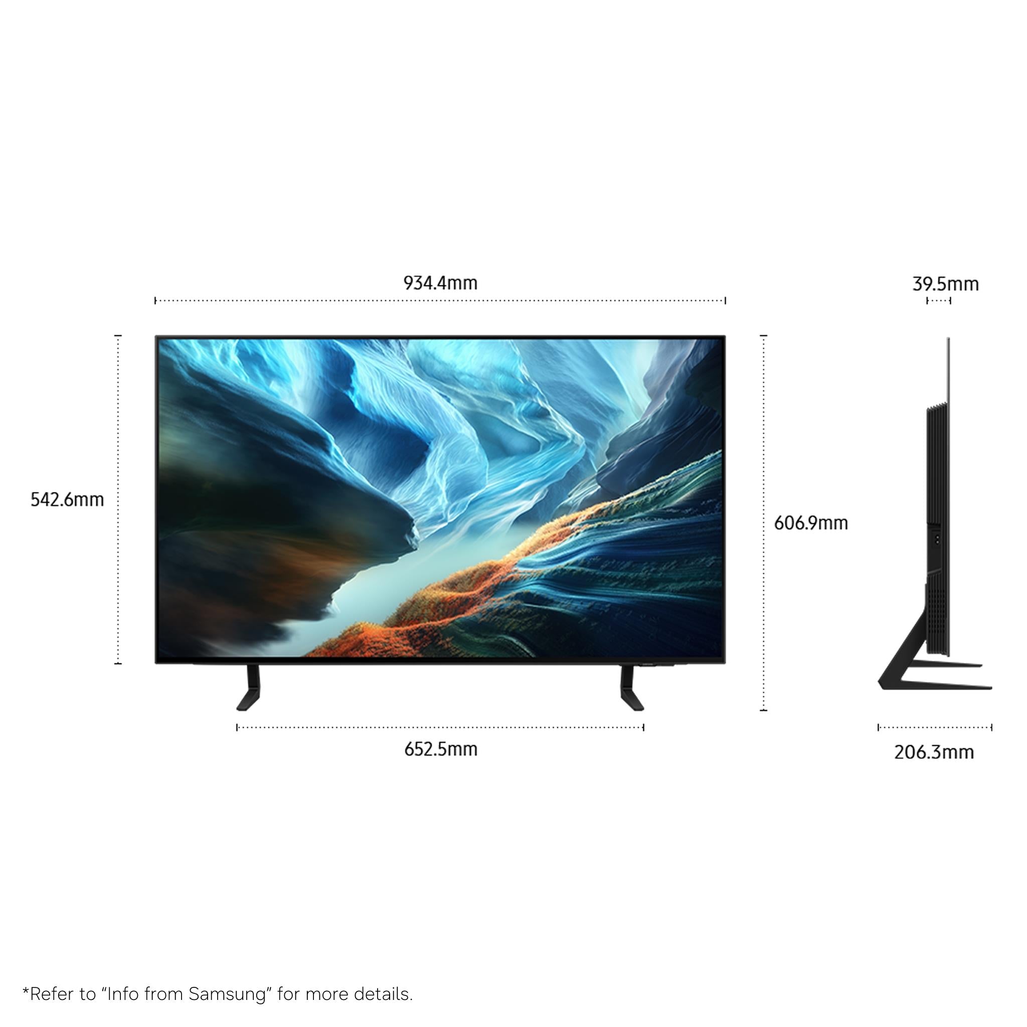 Samsung OLED 4K Smart TV front view with stand and side dimensions