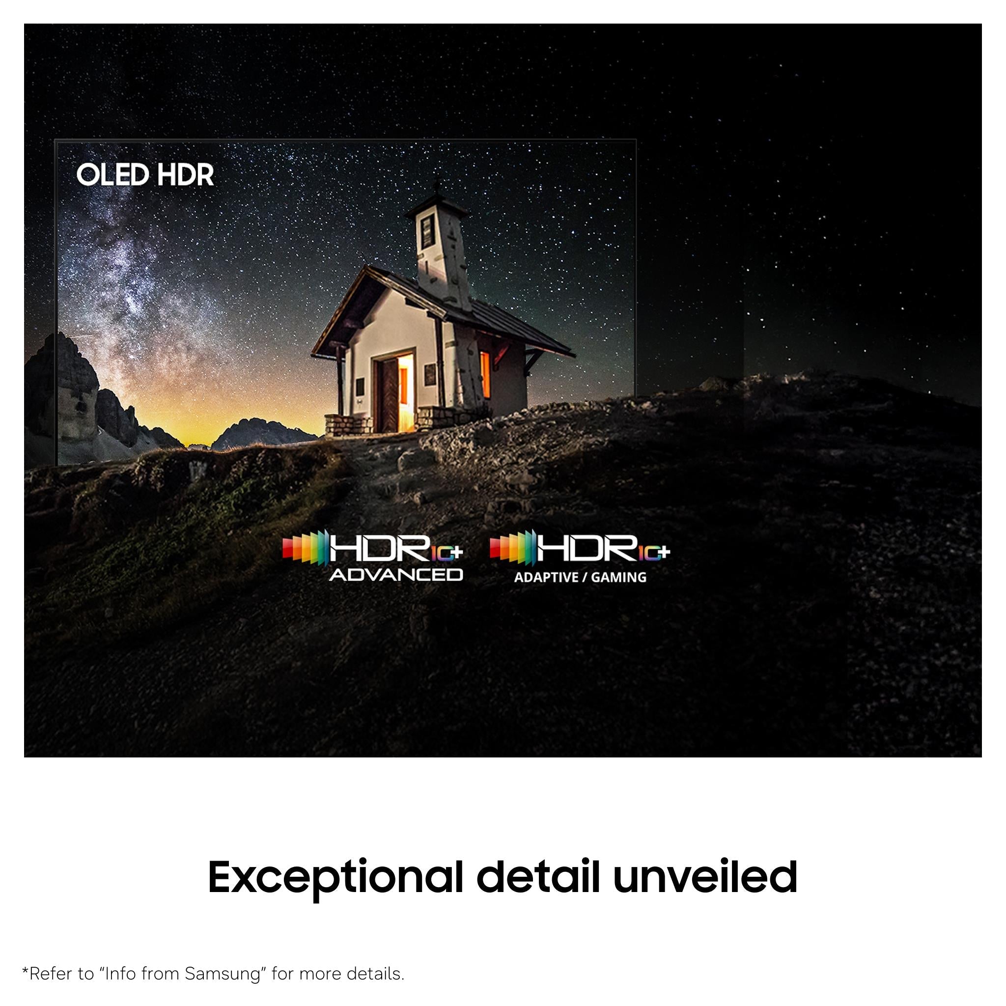 Samsung OLED HDR TV screen with house scene and HDR icons