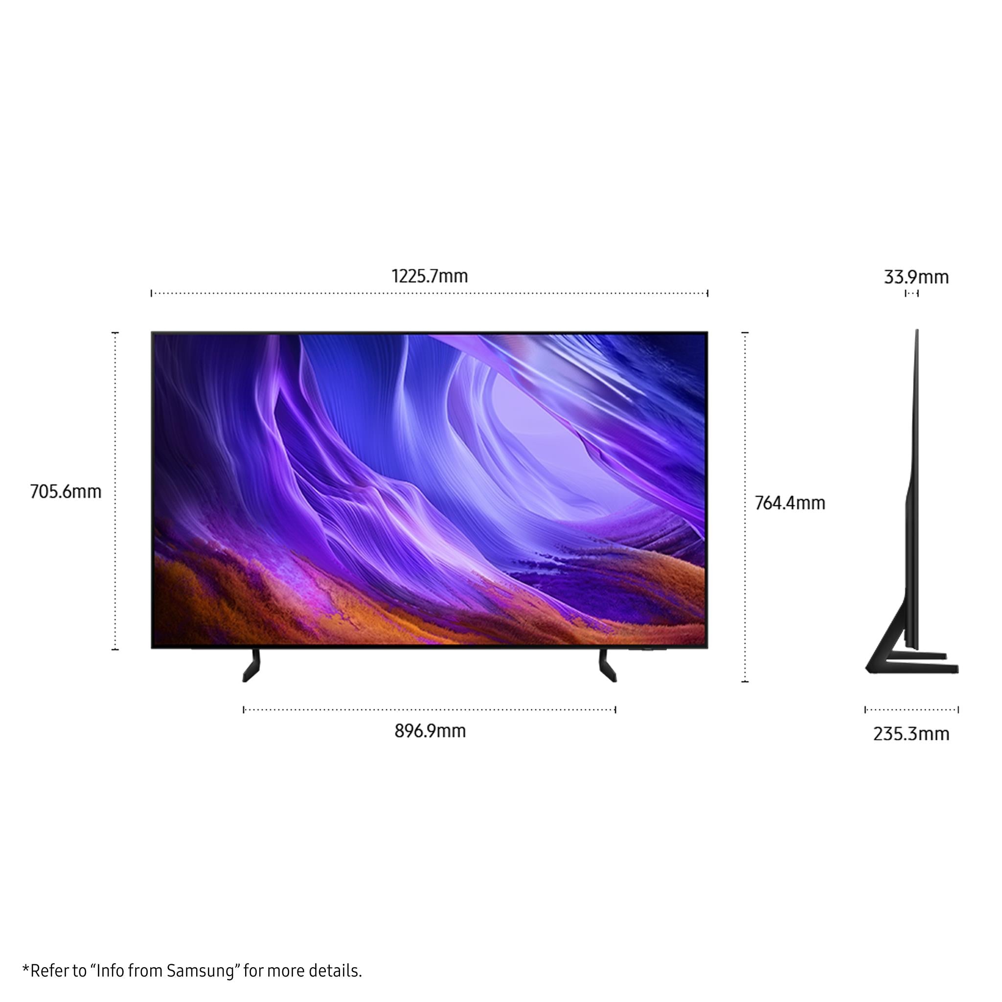 55-inch OLED 4K smart TV with side view and stand thickness dimensions