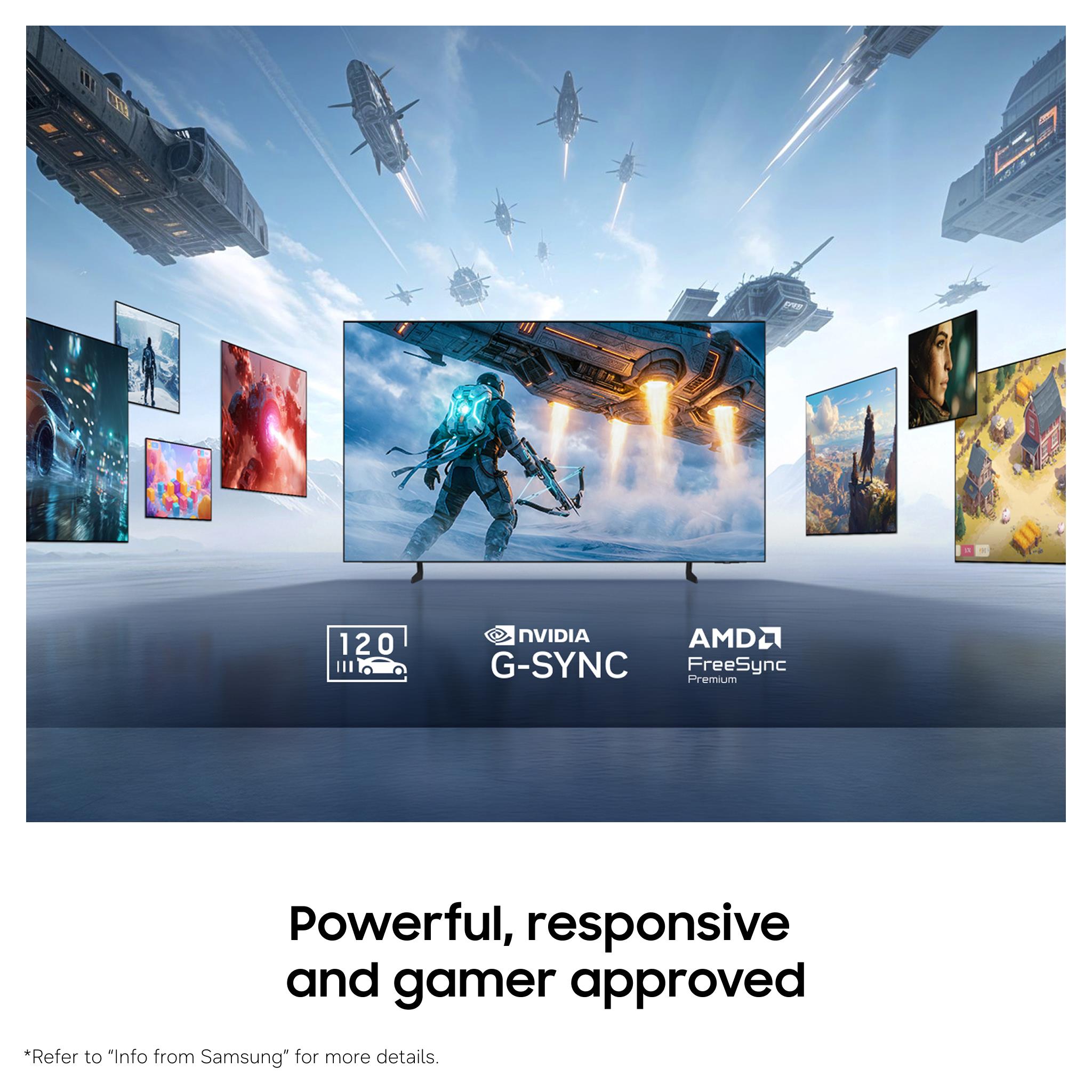 OLED TV with gamer display, sci-fi visuals, and console-style logos