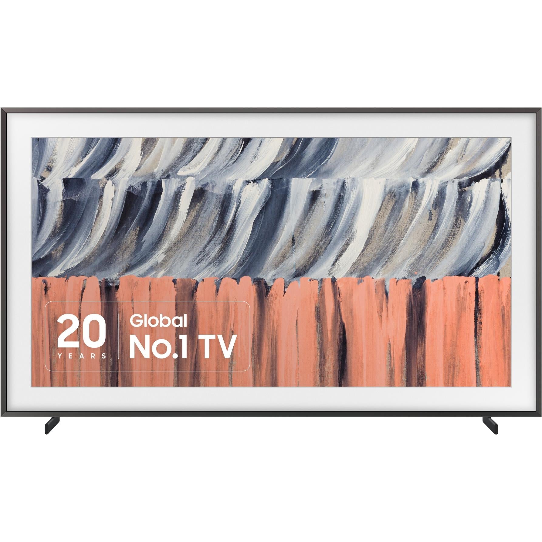 Framed Samsung QLED TV showing abstract blue and coral artwork