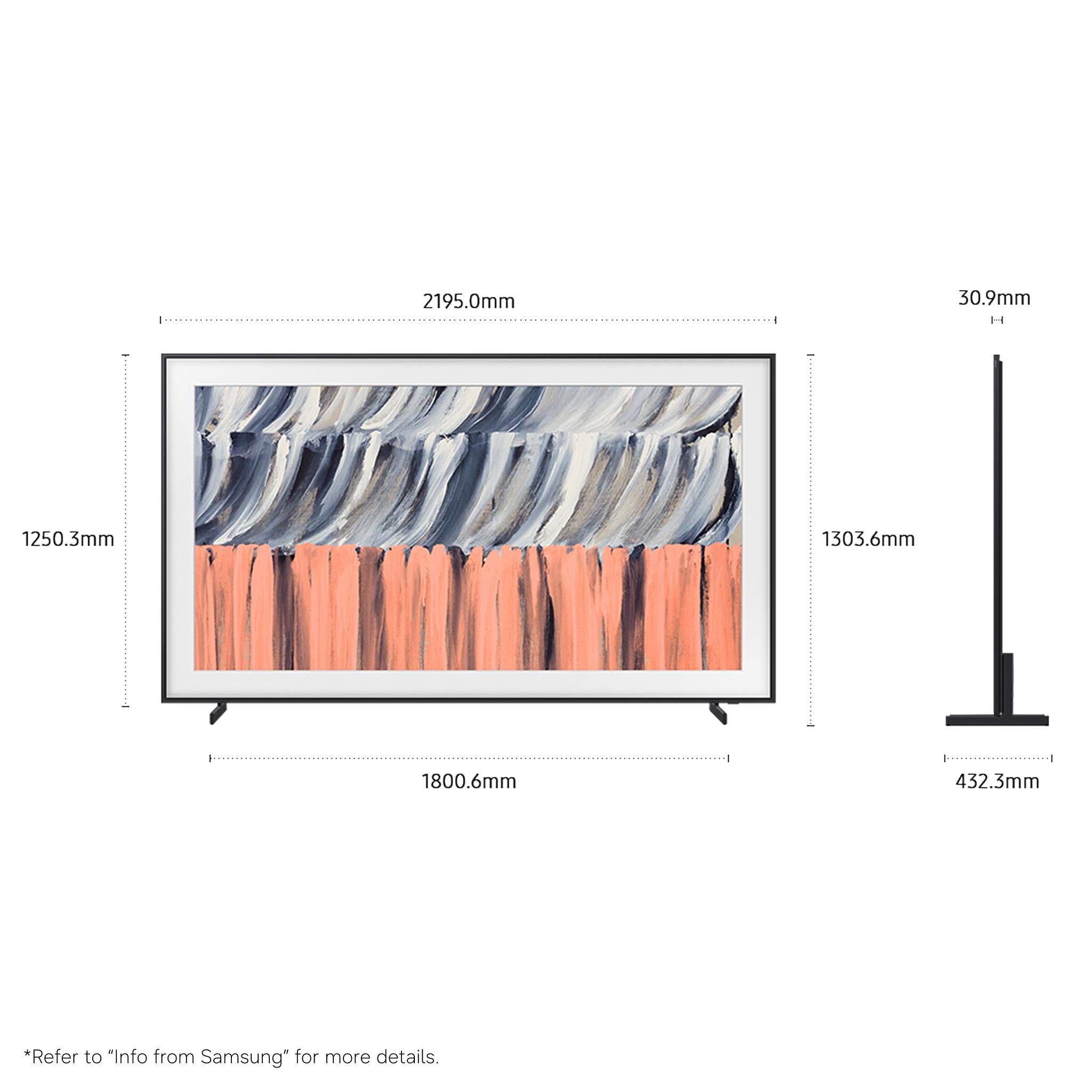 Samsung QLED TV with stand, front dimensions diagram