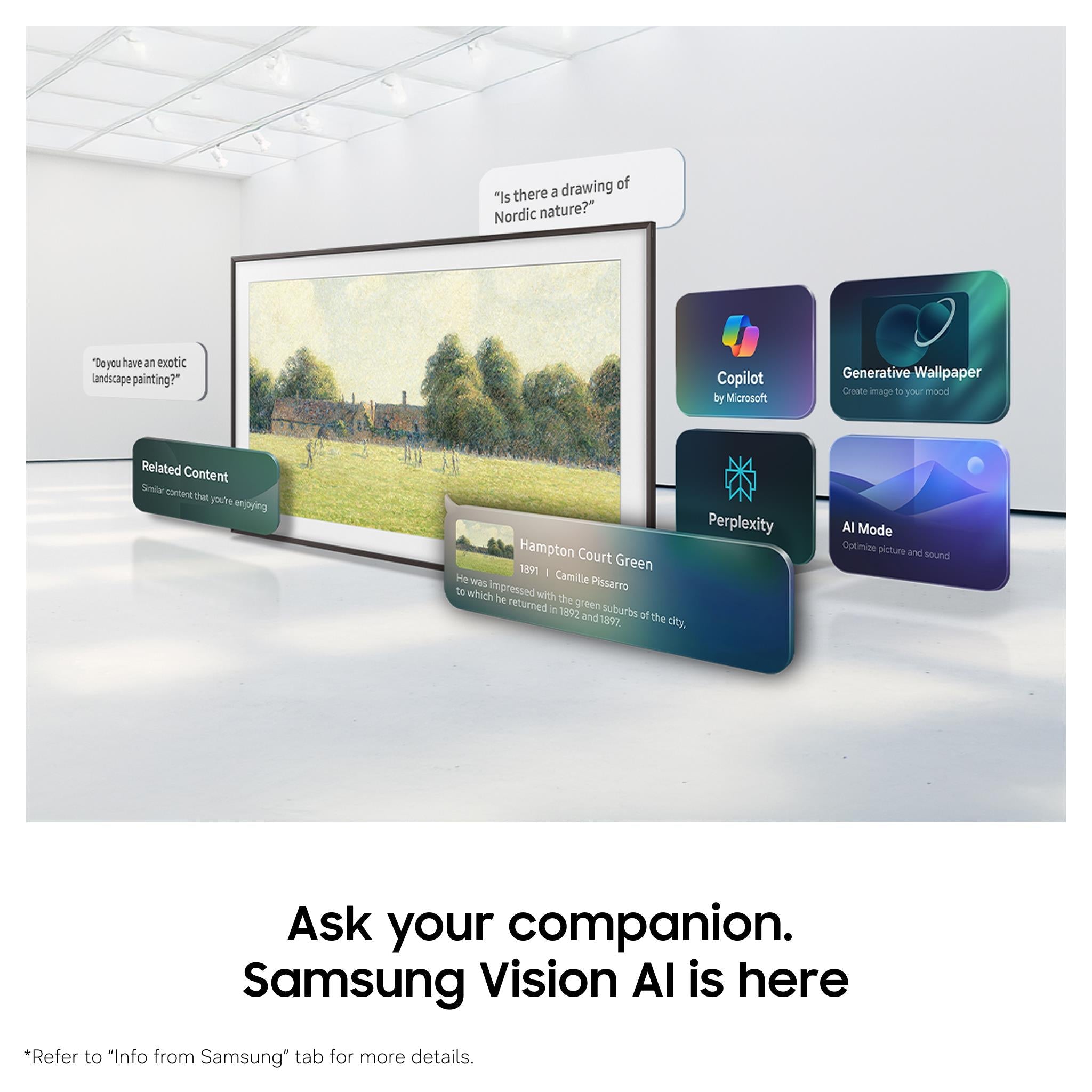 Samsung QLED TV with on-screen cards and interface icons