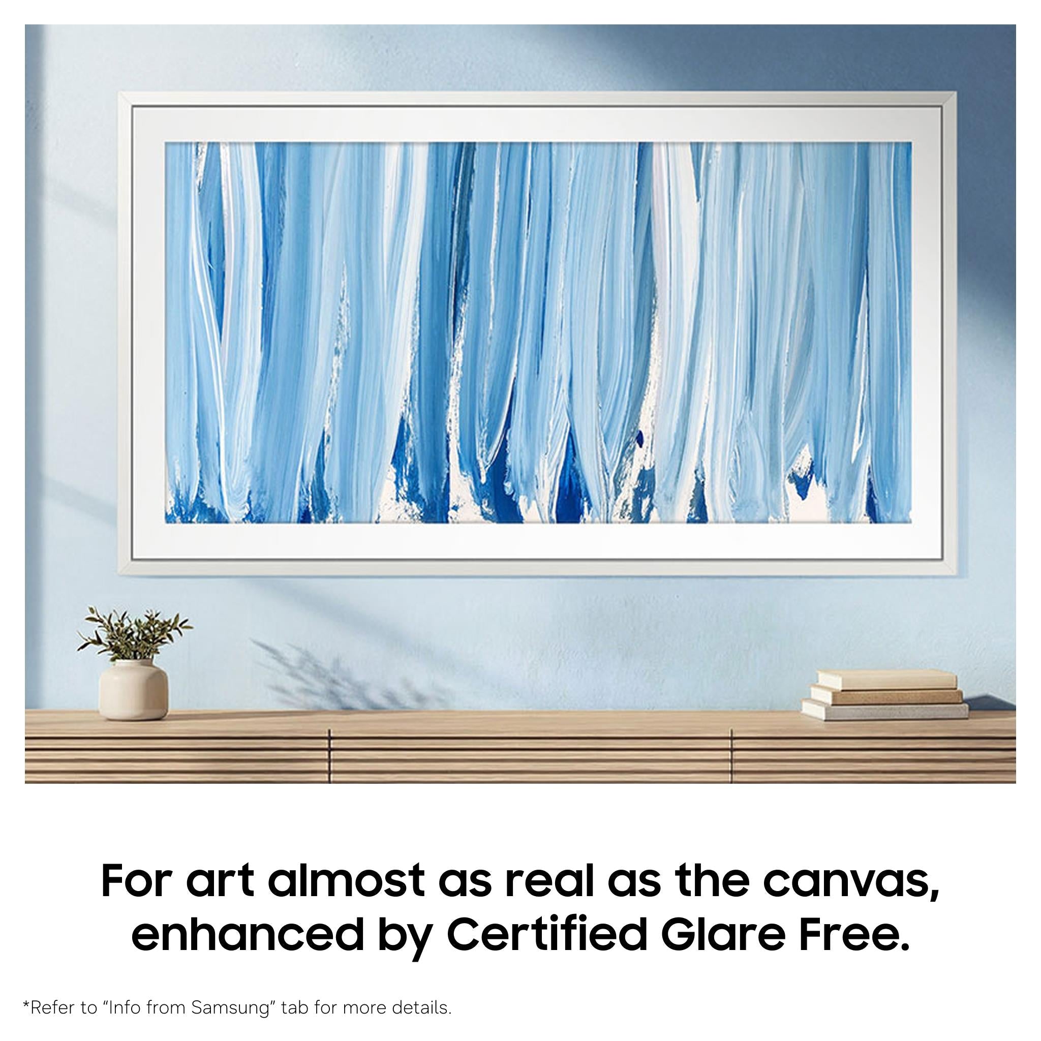 Samsung Frame Pro Neo QLED 4K Mini LED TV with blue paint-stroke artwork