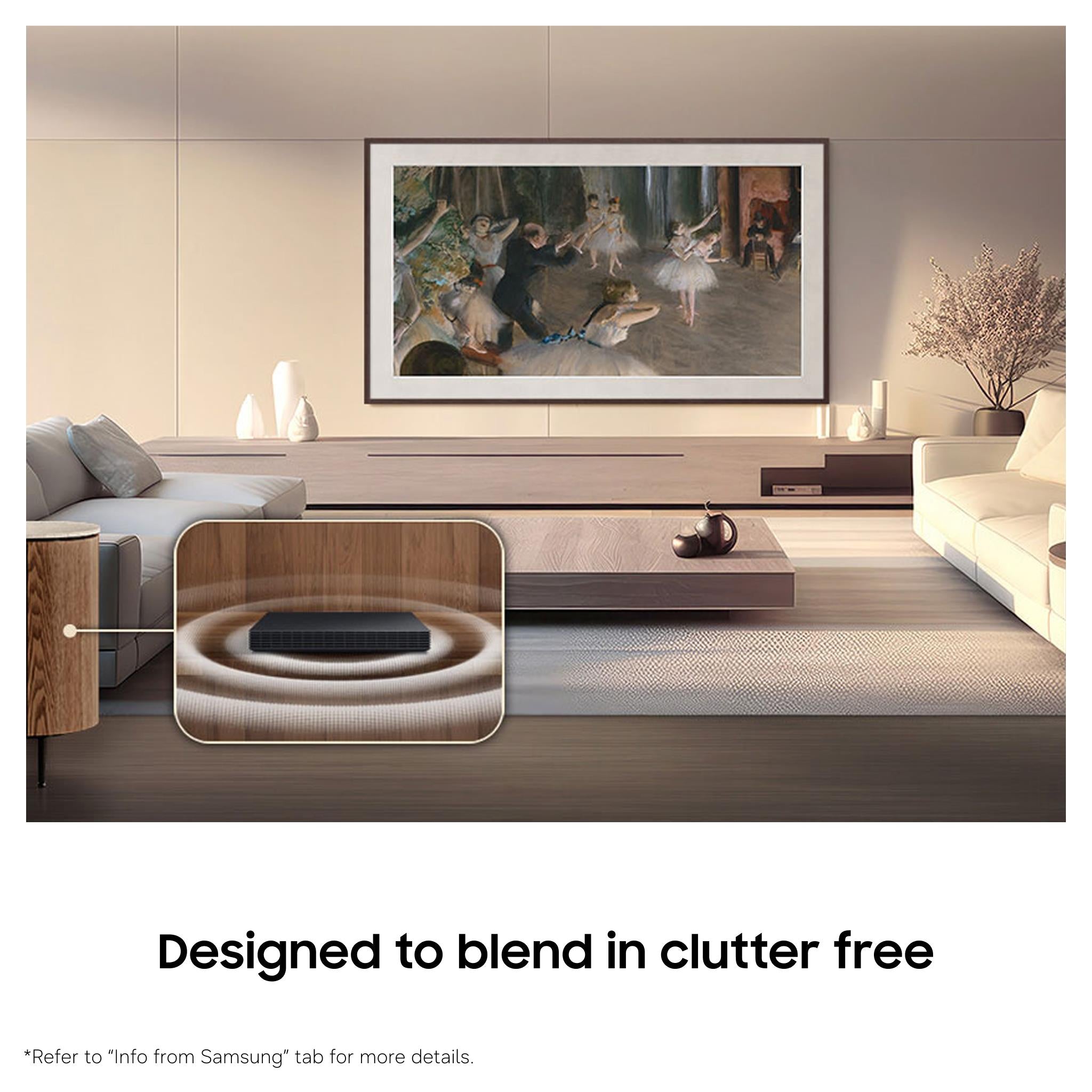 Art TV in living room with framed painting-style image on the screen