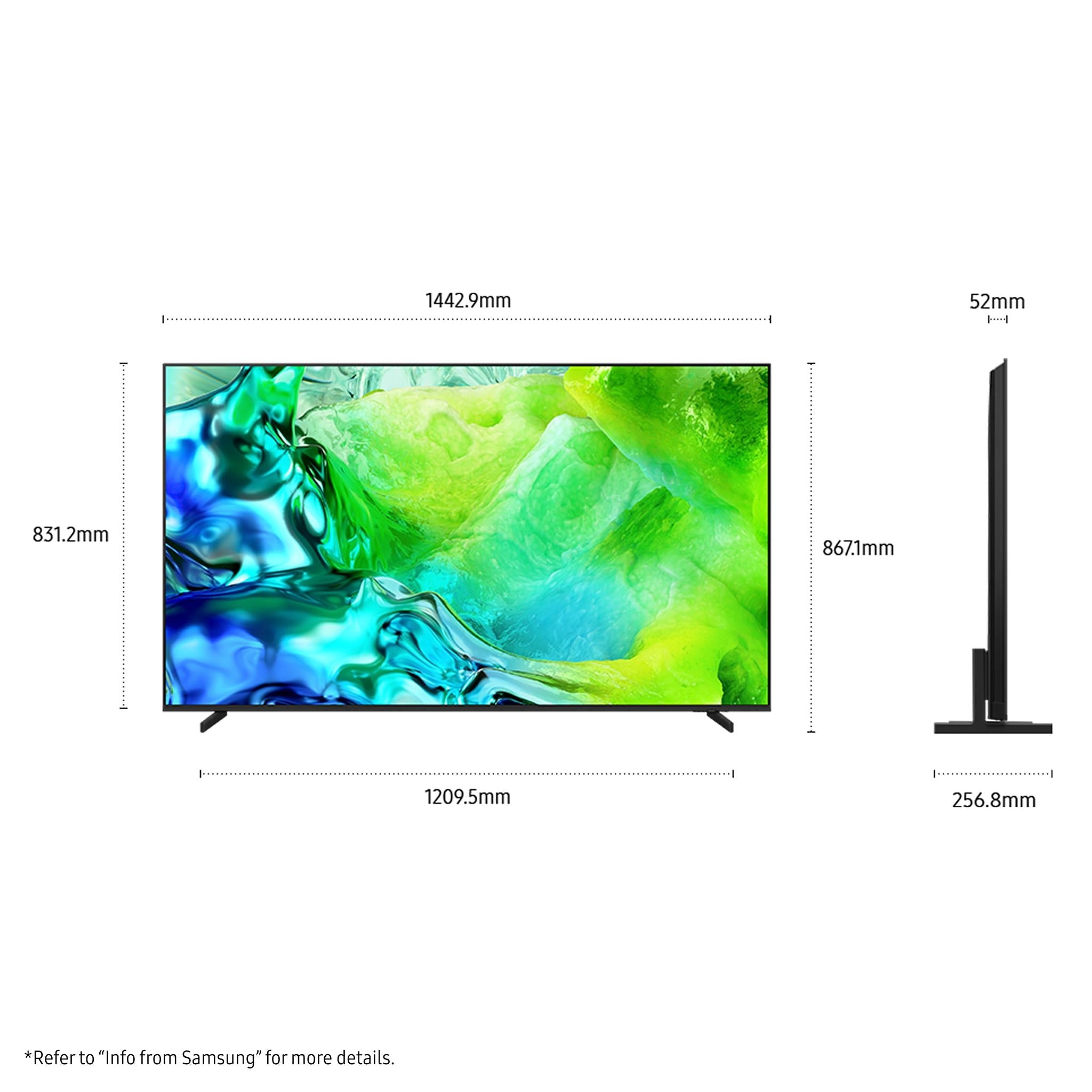 Samsung Neo QLED TV with slim stand shown with height and width dimensions