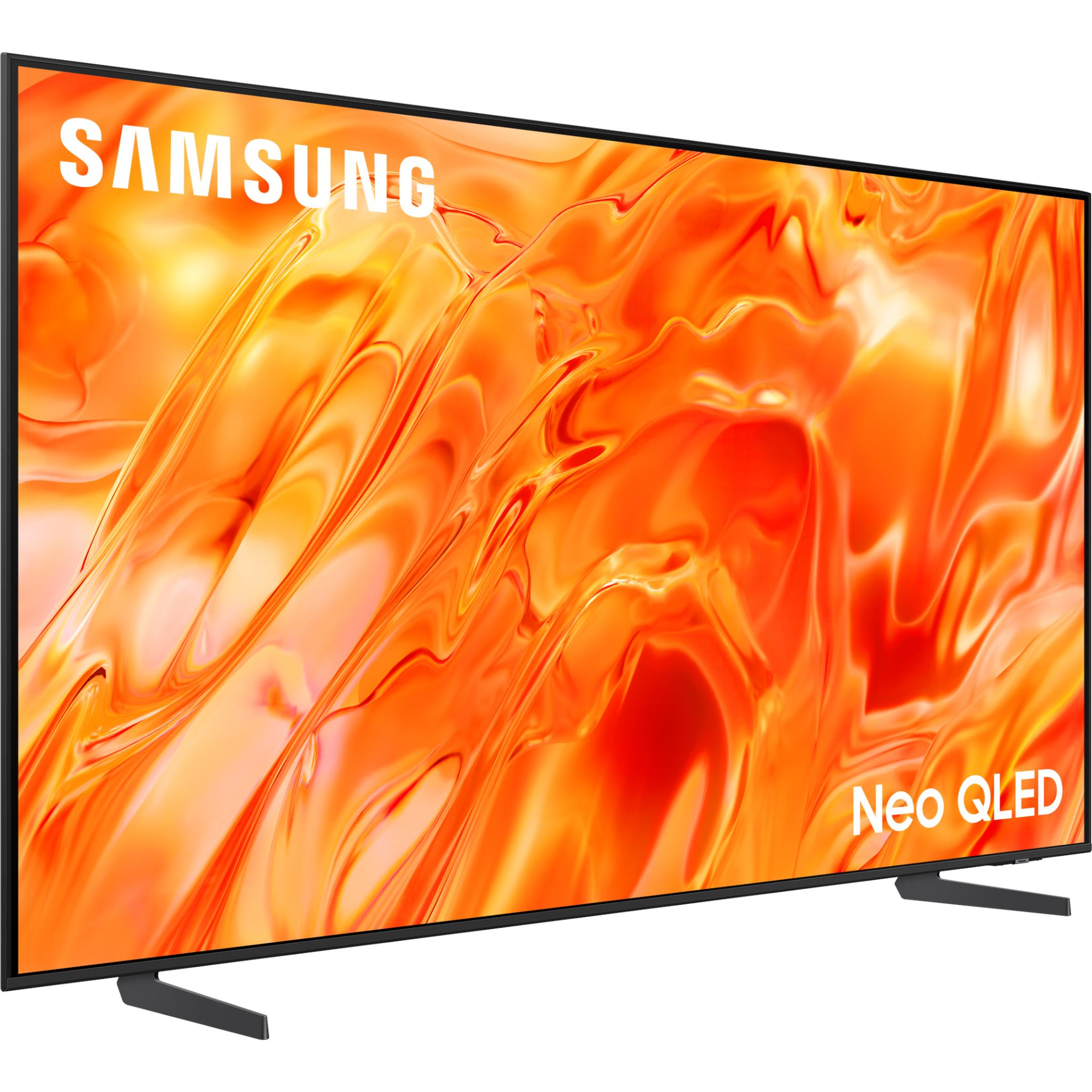 Samsung Neo QLED TV front view with dark slim bezel and stand