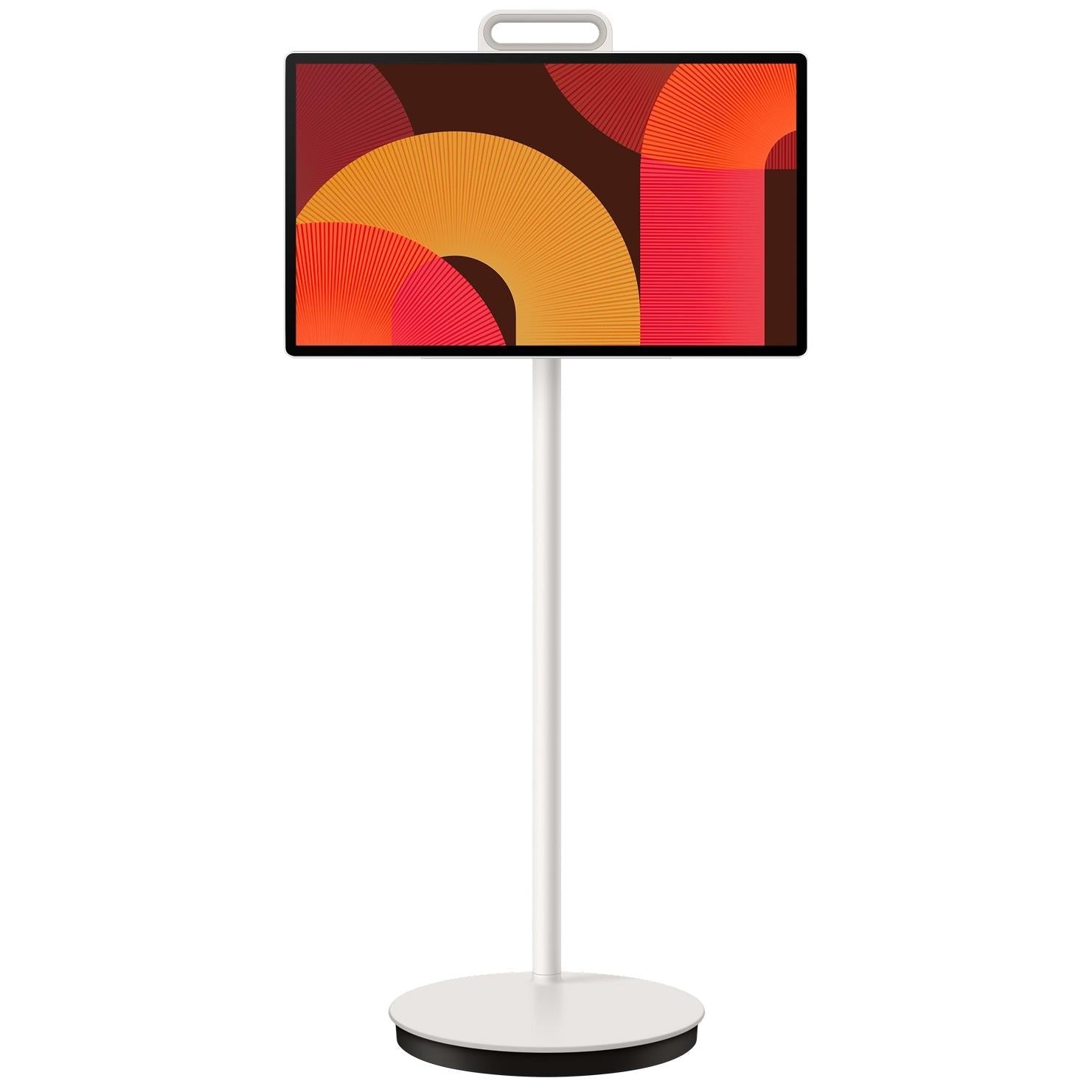 27-inch Samsung touch smart screen display on white pedestal stand