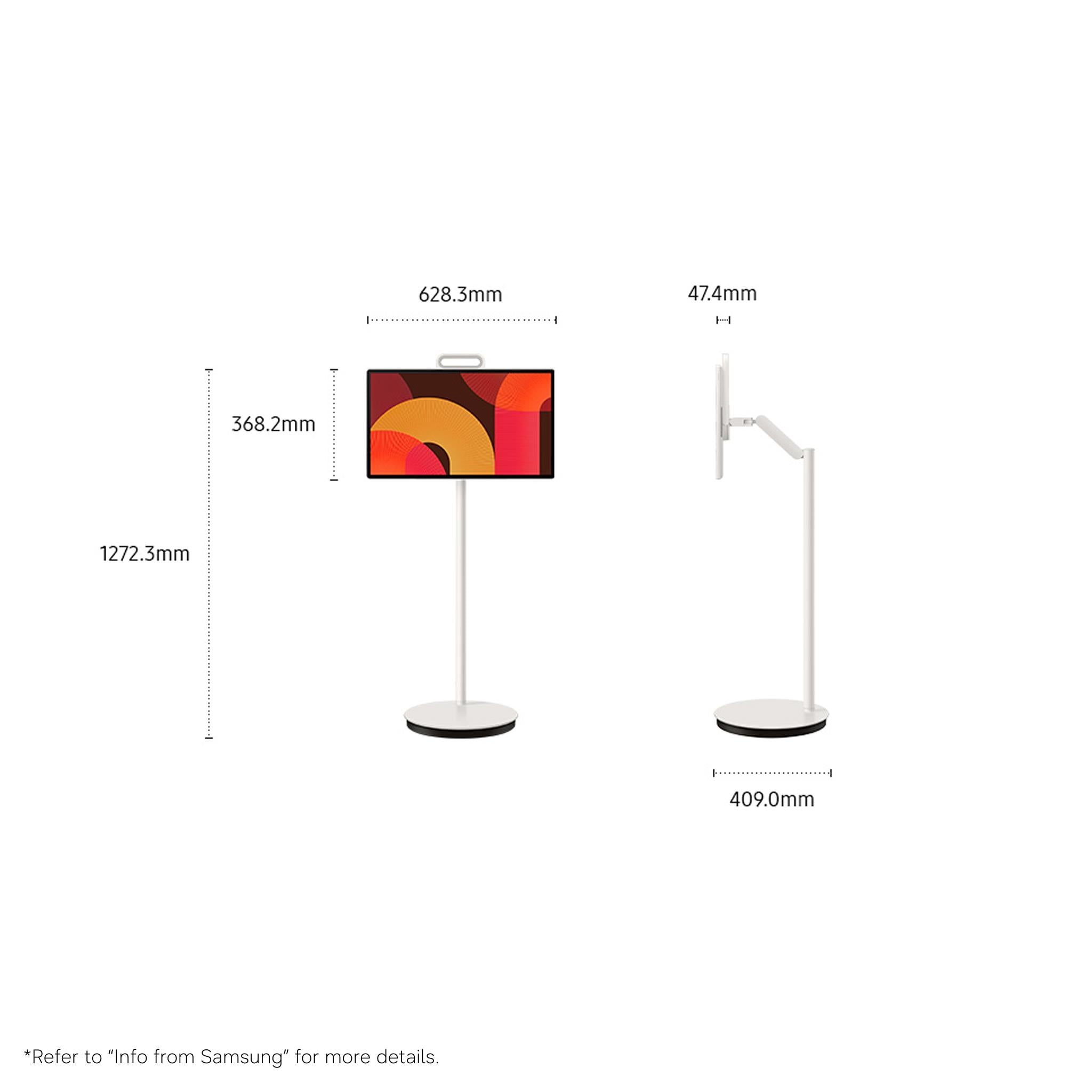 27-inch smart screen on white floor stand with side view and measurements