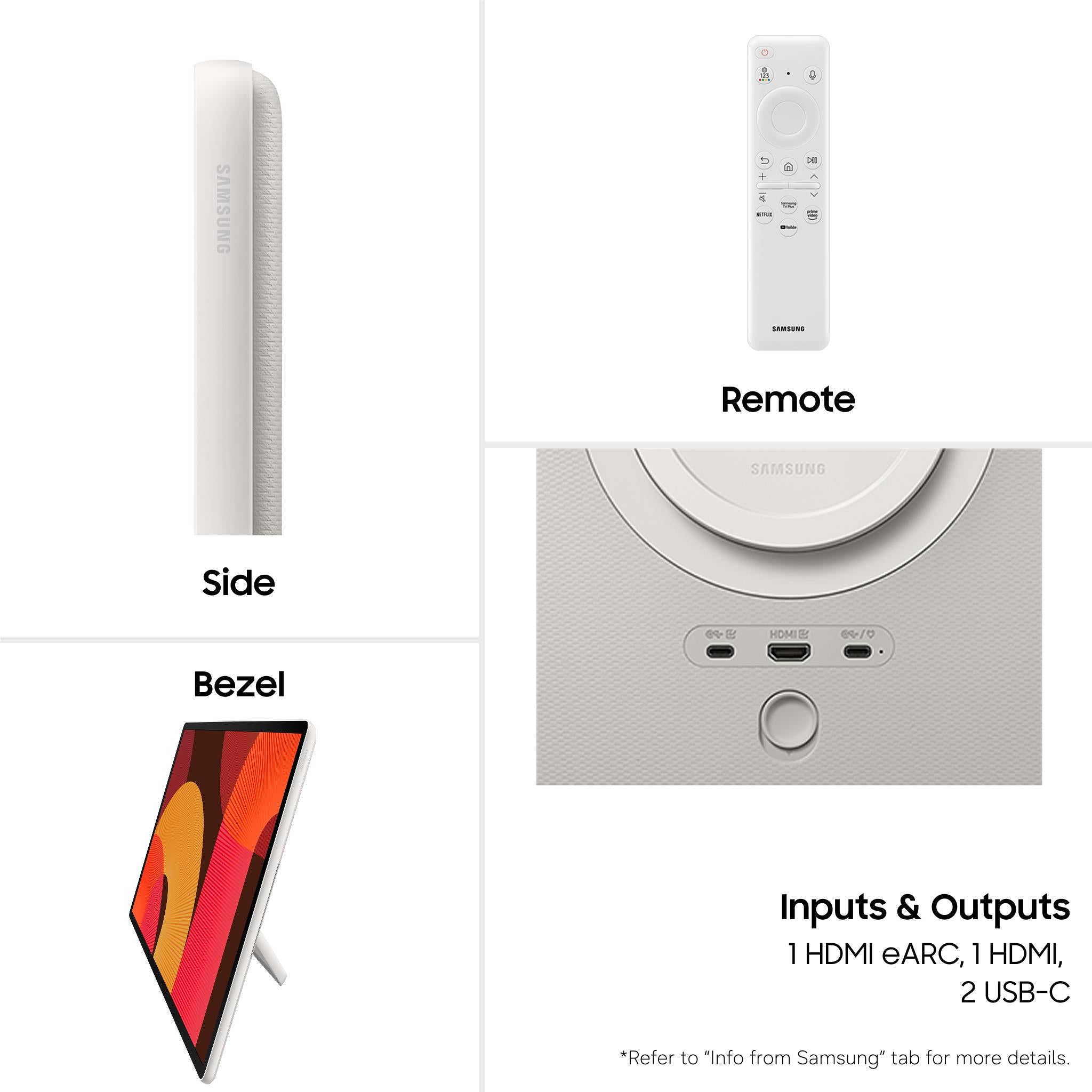 White monitor with thin bezel and remote control shown